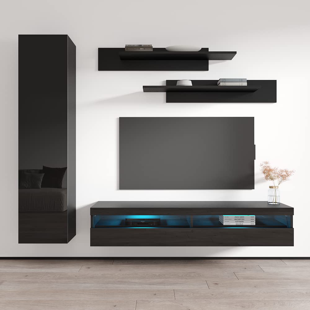 Modern Floating TV Stand with Storage & LED Lights - Wall-Mounted Entertainment Center for Bedroom & Living Room - 35 Inch TV Console with Shelves - Black - Perfect for Small Spaces & Home Theater Setup