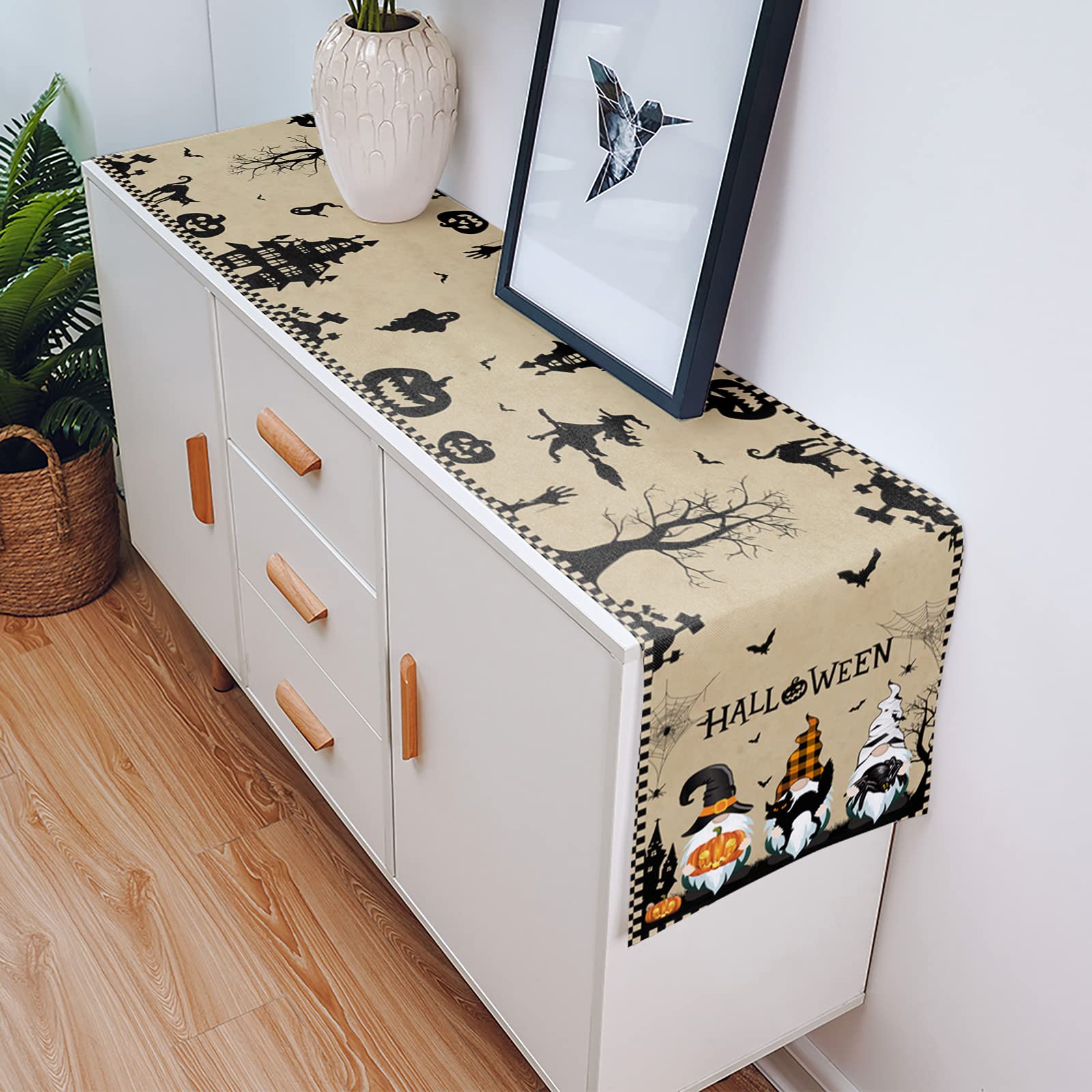 Halloween Burlap Table Runner 72 Inches - Scary Witches, Gnomes, Pumpkins, Black Cats & Bats Haunted House Design for Kitchen, Dining & Coffee Tables | Perfect for Halloween Parties, Home Decor & Holiday Gatherings