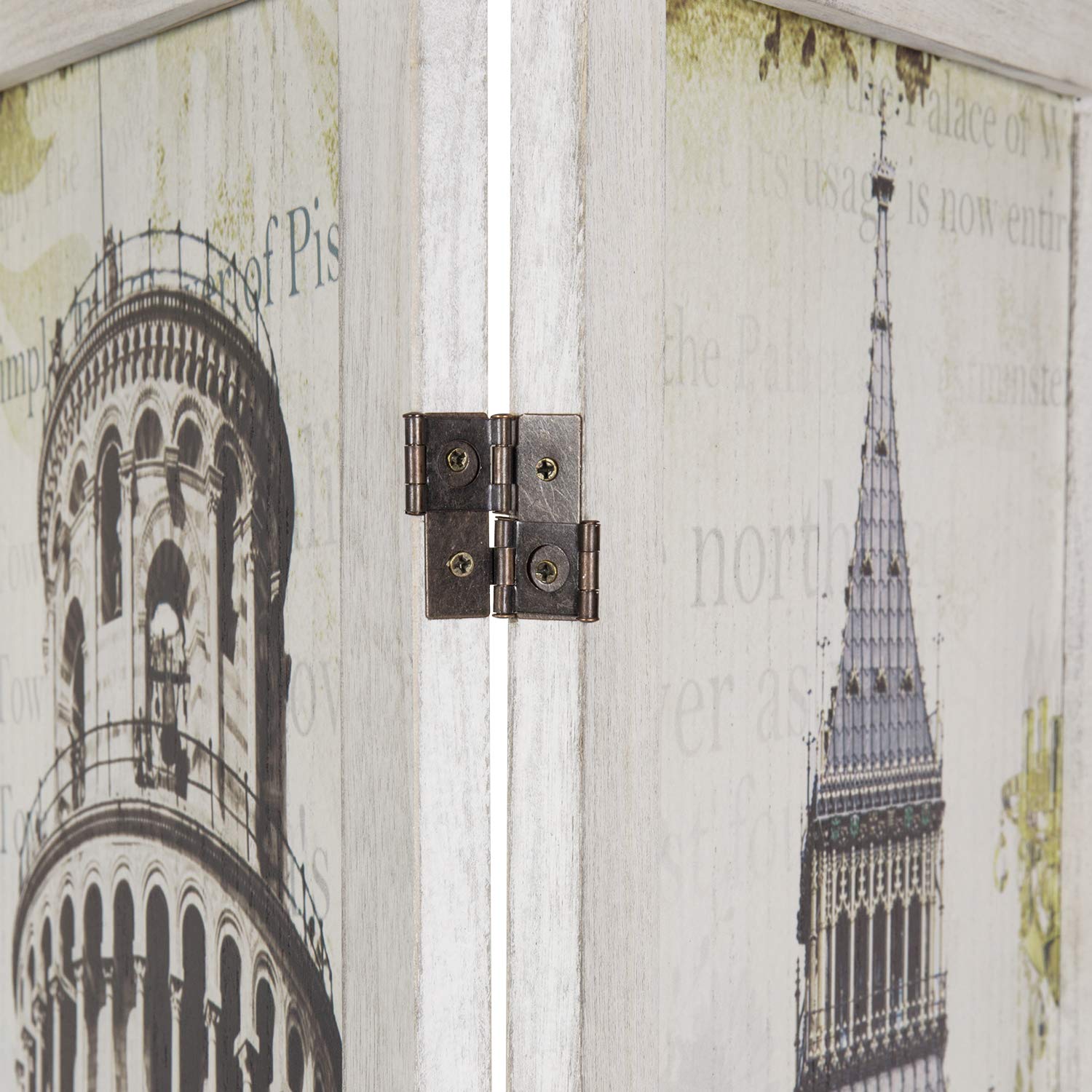 MyGift 3-Panel Single-Sided European Famous Landmarks Room Divider with Whitewashed Wood Frame - Stylish Room Partition for Home, Office, and Dorm Decor