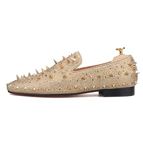 FERUCCI Men's Gold Spiked Loafers with Crystal Rhinestones - Stylish Slip-On Shoes for Casual Wear, Parties & Night Out