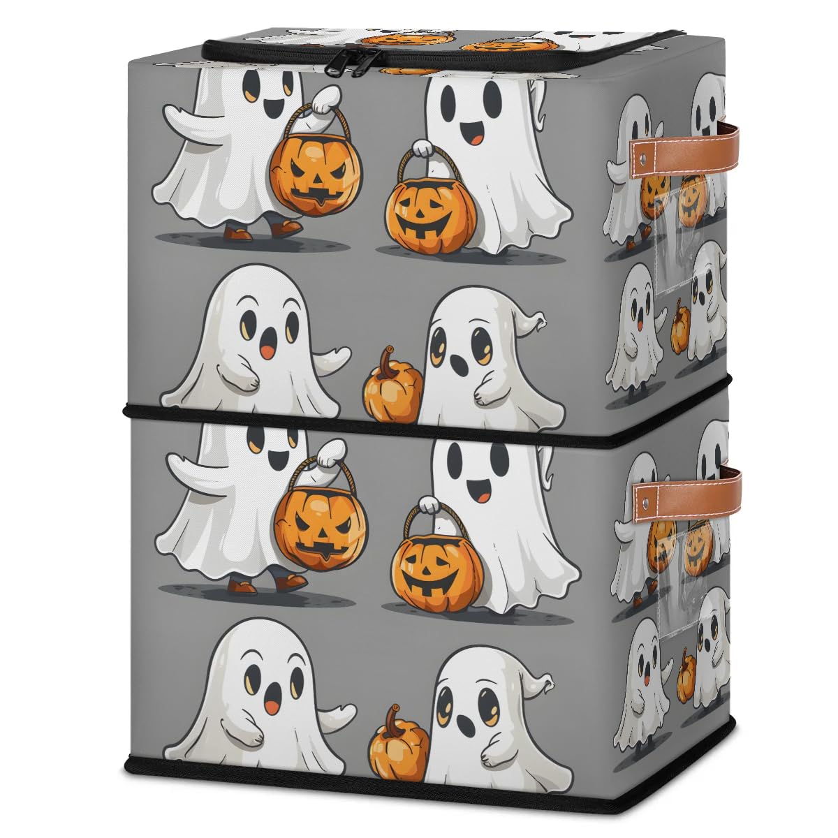 2-Pack Cute Ghost Pumpkin Storage Bins with Zipper Lid - Stackable Metal Frame Closet Organizer Cubes with PU Handles for Clothes, Toys & Seasonal Decor | Halloween, Bedroom & Nursery Storage Solution