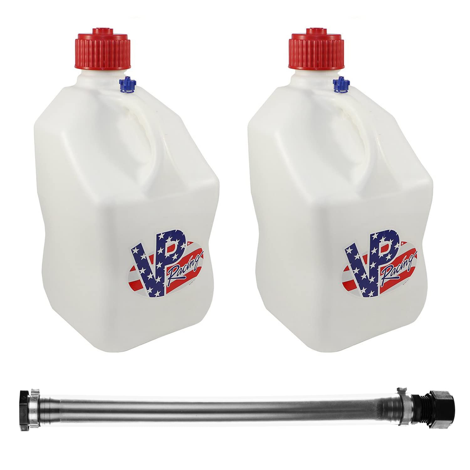 VP Racing Fuels 14 Inch Standard Replacement Motorsport Fuel Hose & 5 Gallon Fuel Jug - White & Patriotic (2 Pack) - Ideal for Racing, Off-Road & Motorcycle Fuel Transfer
