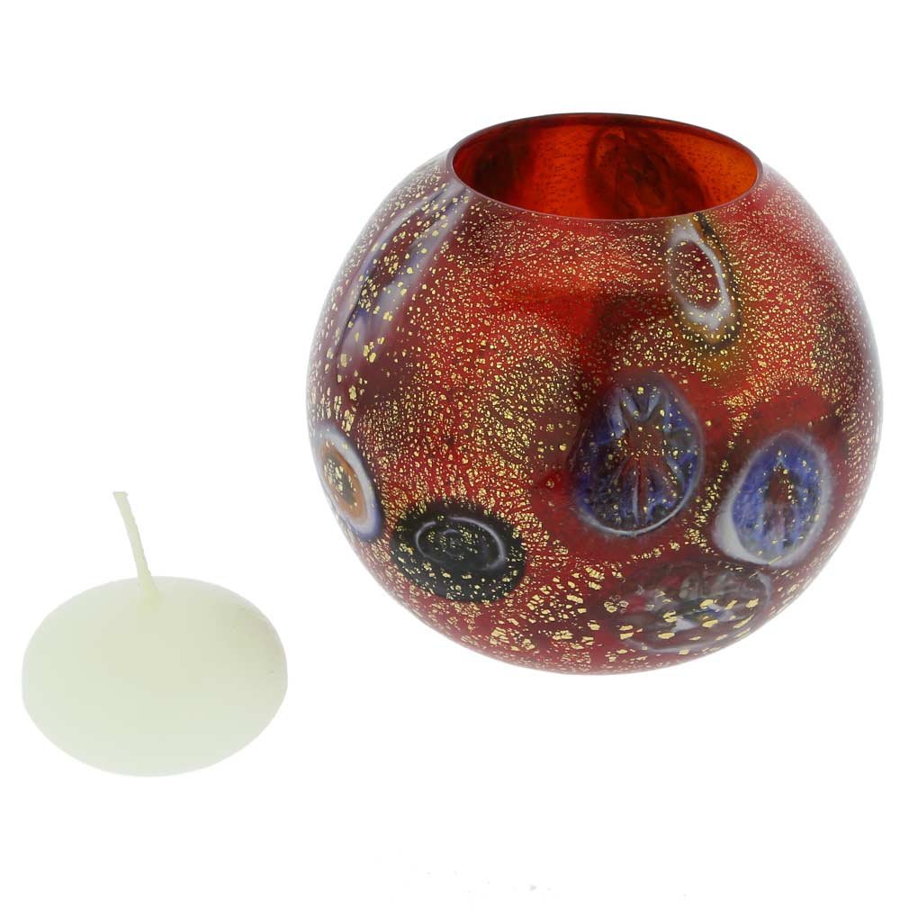 Authentic Murano Glass Millefiori Votive Candle Holder - Handcrafted in Venice, Italy | Elegant Red Glass Home Decor for Dining Table, Wedding Centerpiece & Romantic Ambiance