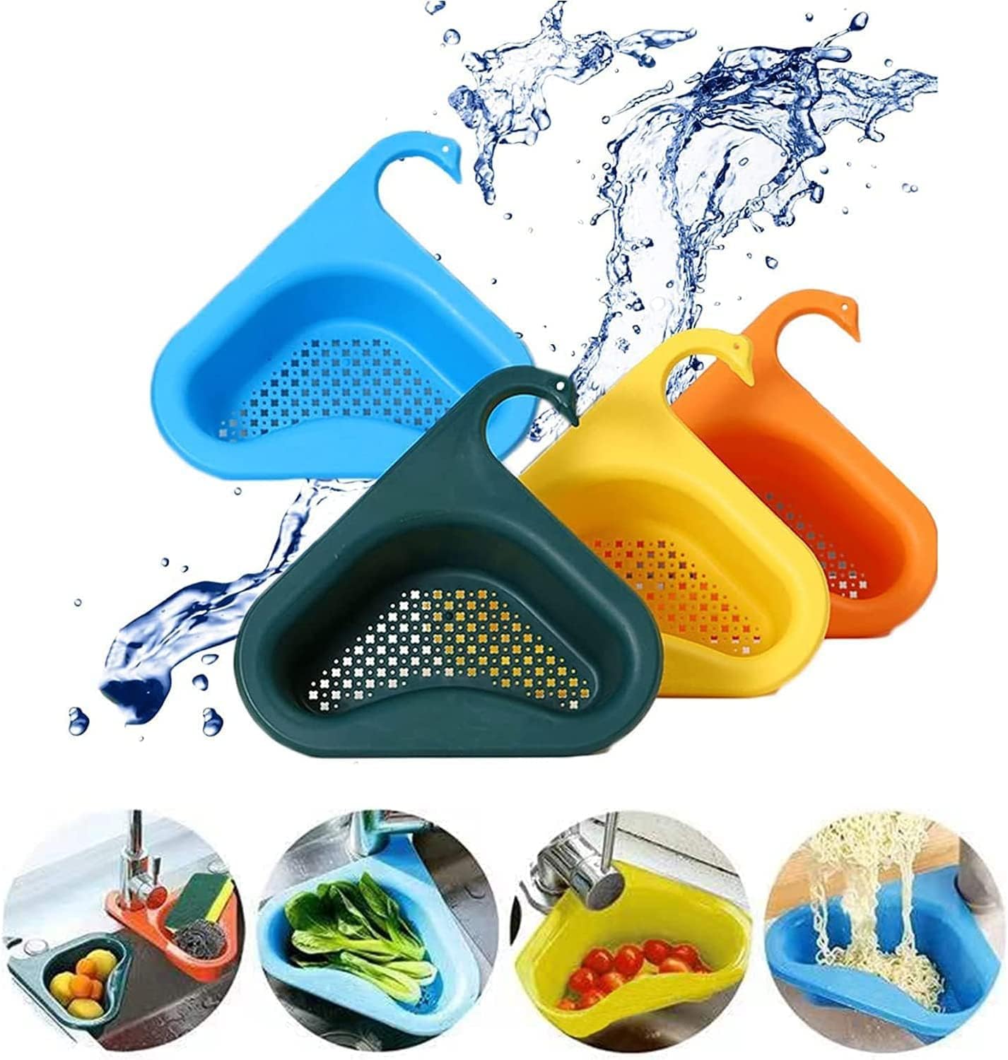Bimex Swan-Shaped Drain Basket for Kitchen Sink - Multi-Functional Triangular Sink Strainer with Faucet Hook - Universal Fit for All Sinks (2-Pack) - Perfect for Washing Fruits, Vegetables & Dish Drainage
