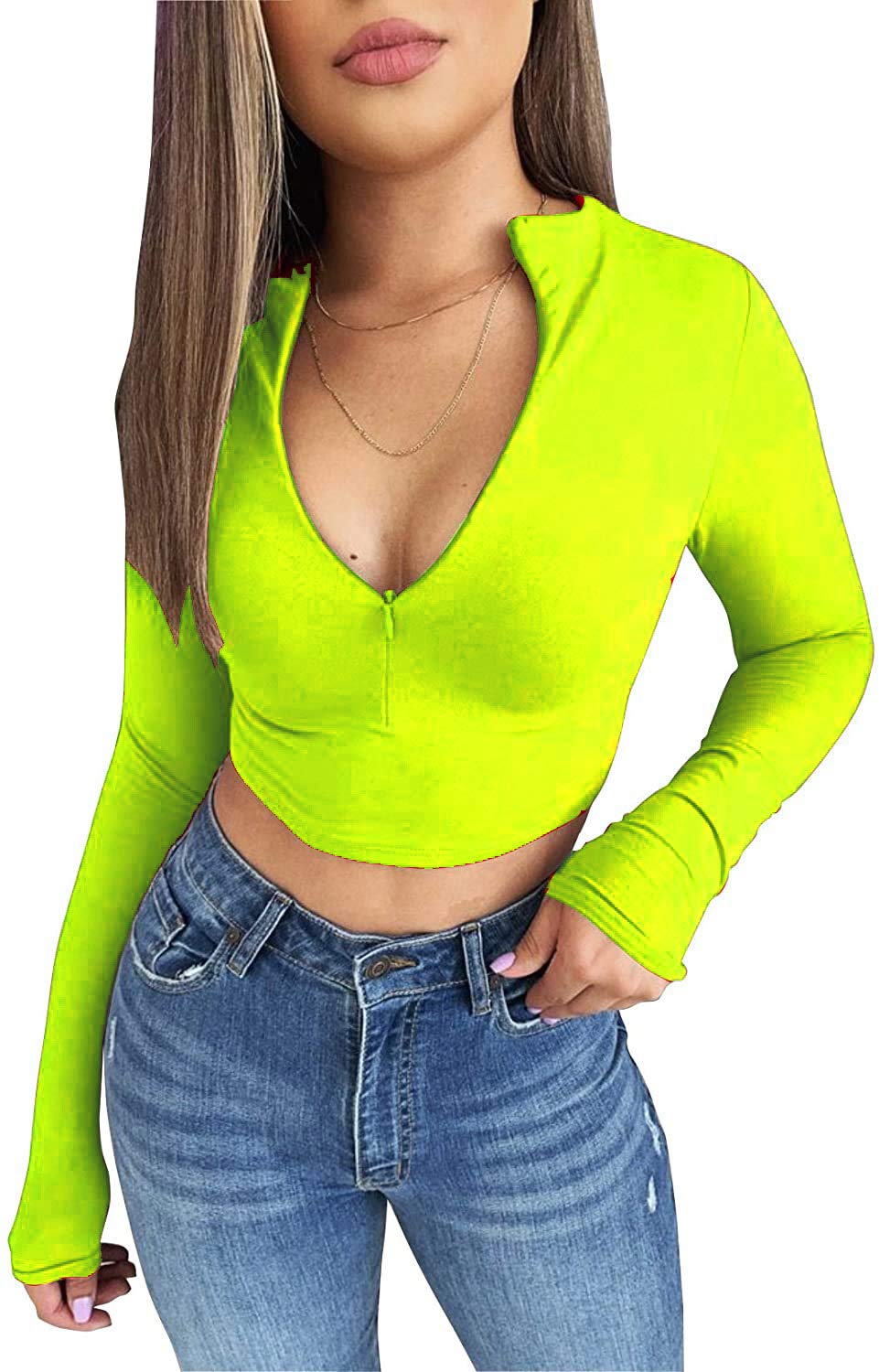 Artfish Women's Long Sleeve Quarter Zip Fleece-Lined Crop Top - V-Neck Fitted Sexy Shirt for Winter Workout, Casual Outing & Date Night