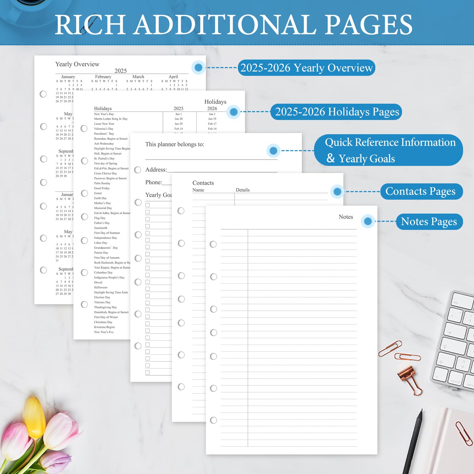 2025 Monthly Planner Refill Inserts - 7 Ring Binder, 12 Month Calendar with Tabs, 5.5