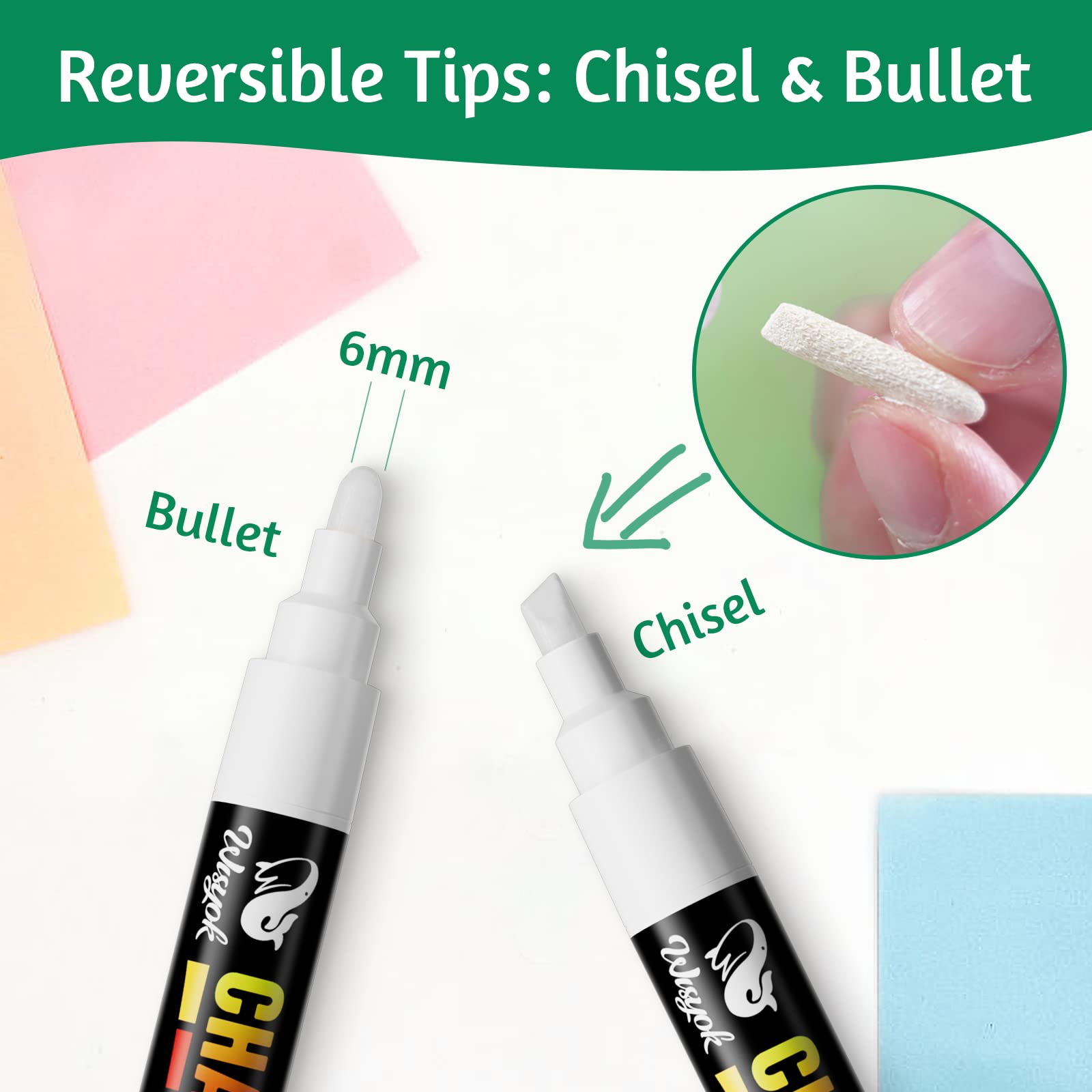 White Liquid Chalk Markers - 1 Pack with 6mm Reversible Bullet & Chisel Tip for Chalkboards, Windows, Glass, Acrylic - Erasable Ink for Signs, Menus, Restaurant Boards & DIY Crafts