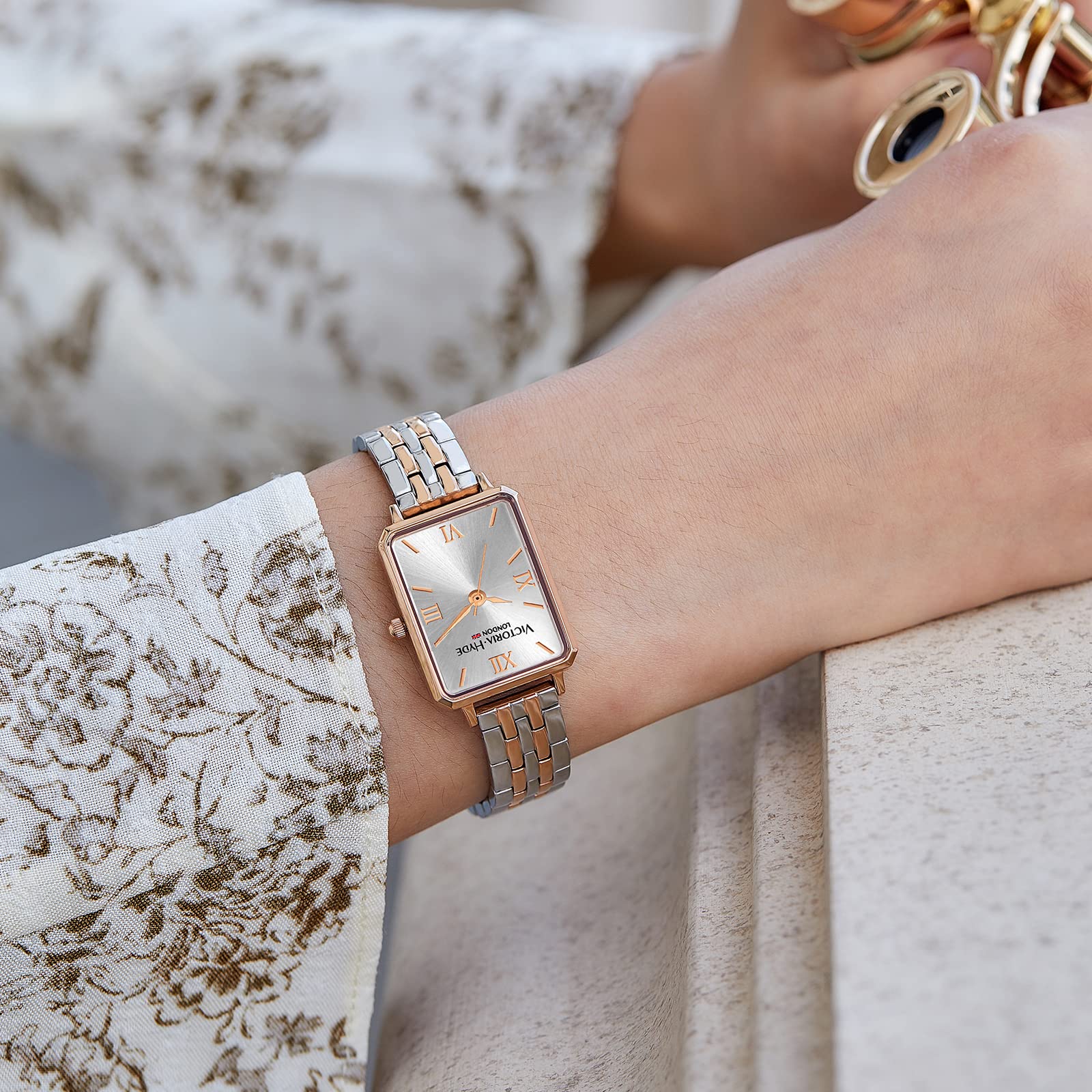 VICTORIA HYDE Women's Rectangular Watch - Silver & Rose Gold Two-Tone Stainless Steel Band, Classic Elegant Dress Watch for Women | Perfect for Office, Party & Everyday Wear