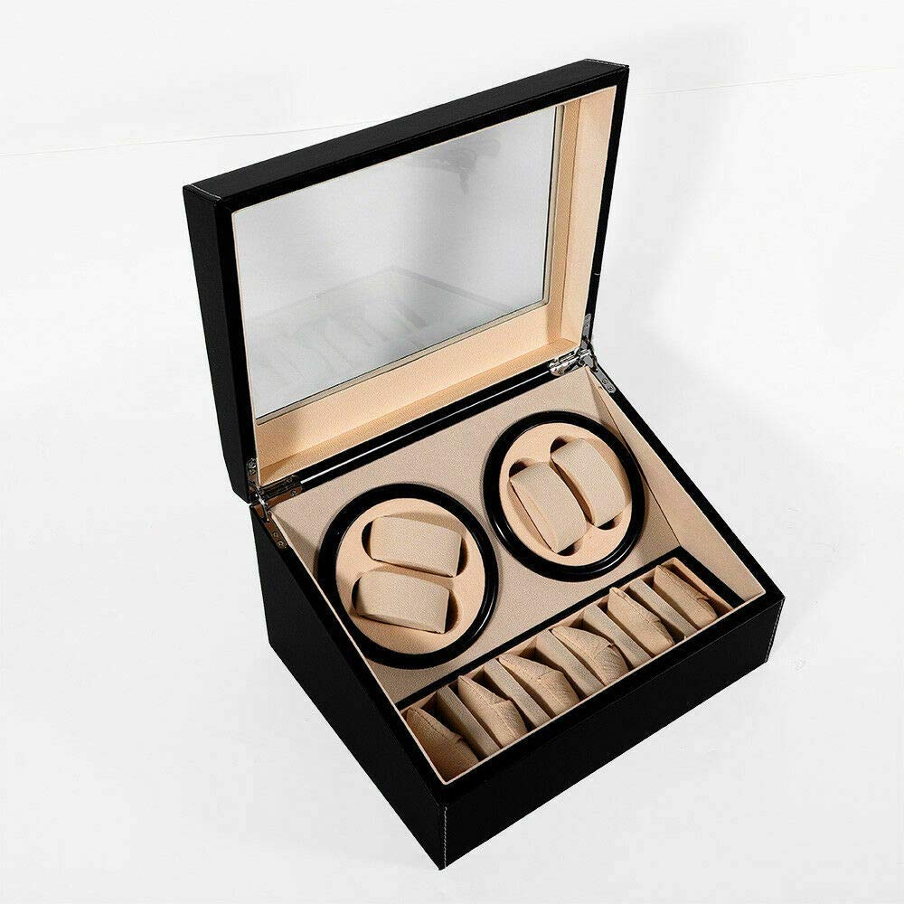 Automatic Watch Winder for 4-6 Watches - Black Leather Watch Storage Case with Display Box | Perfect Gift for Men & Women | Home & Office Luxury Watch Organization