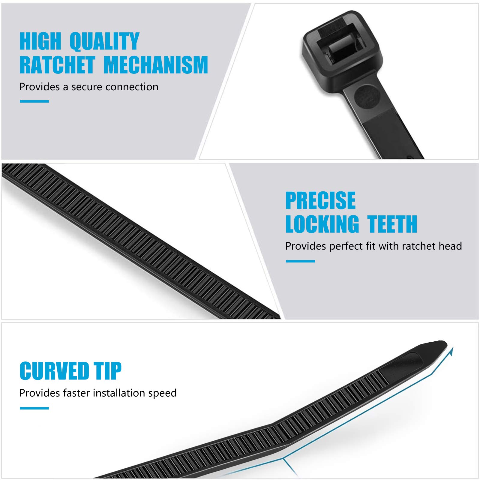 Karoka Heavy Duty 8-Inch Black Cable Ties - 500 Pack with 120 lbs Tensile Strength | Secure Wires, Organize Cables & Bundle Items for Home, Office & Industrial Use