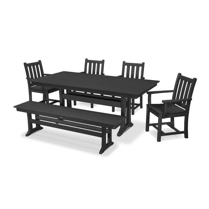 POLYWOOD Traditional Garden Arm Chair 6-Piece Farmhouse Dining Set with Trestle Legs & Bench - Outdoor Patio Furniture for Backyard, Porch, and Garden Dining