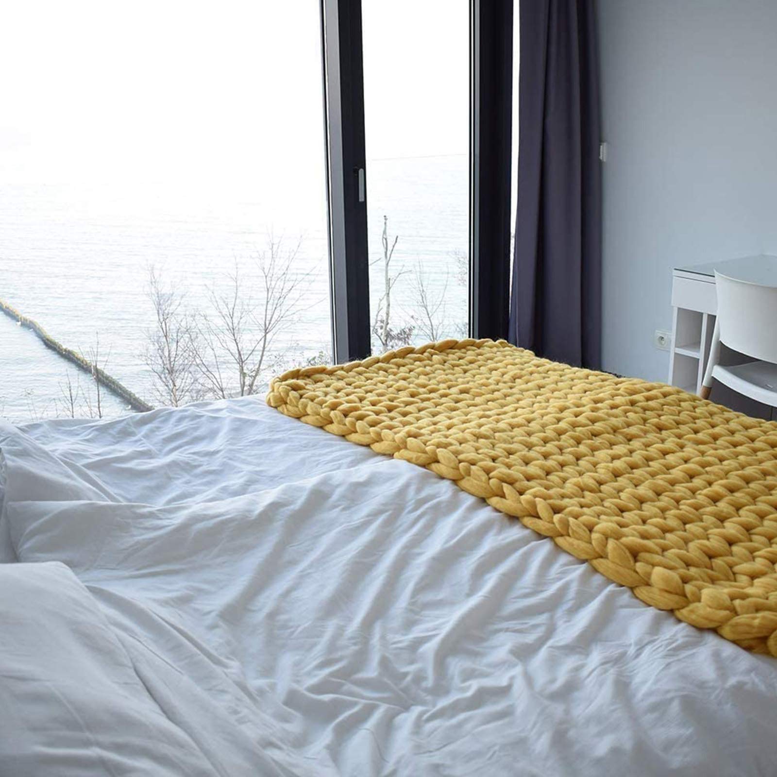 Chunky Knit Blanket - Soft Synthetic Wool Luxury Throw Blanket for Bed, Sofa & Chair - Cozy Handmade Bulky Knitted Blanket in Yellow - 40x40 Inches - Perfect for Home Decor, Winter Snuggling & Gift Giving