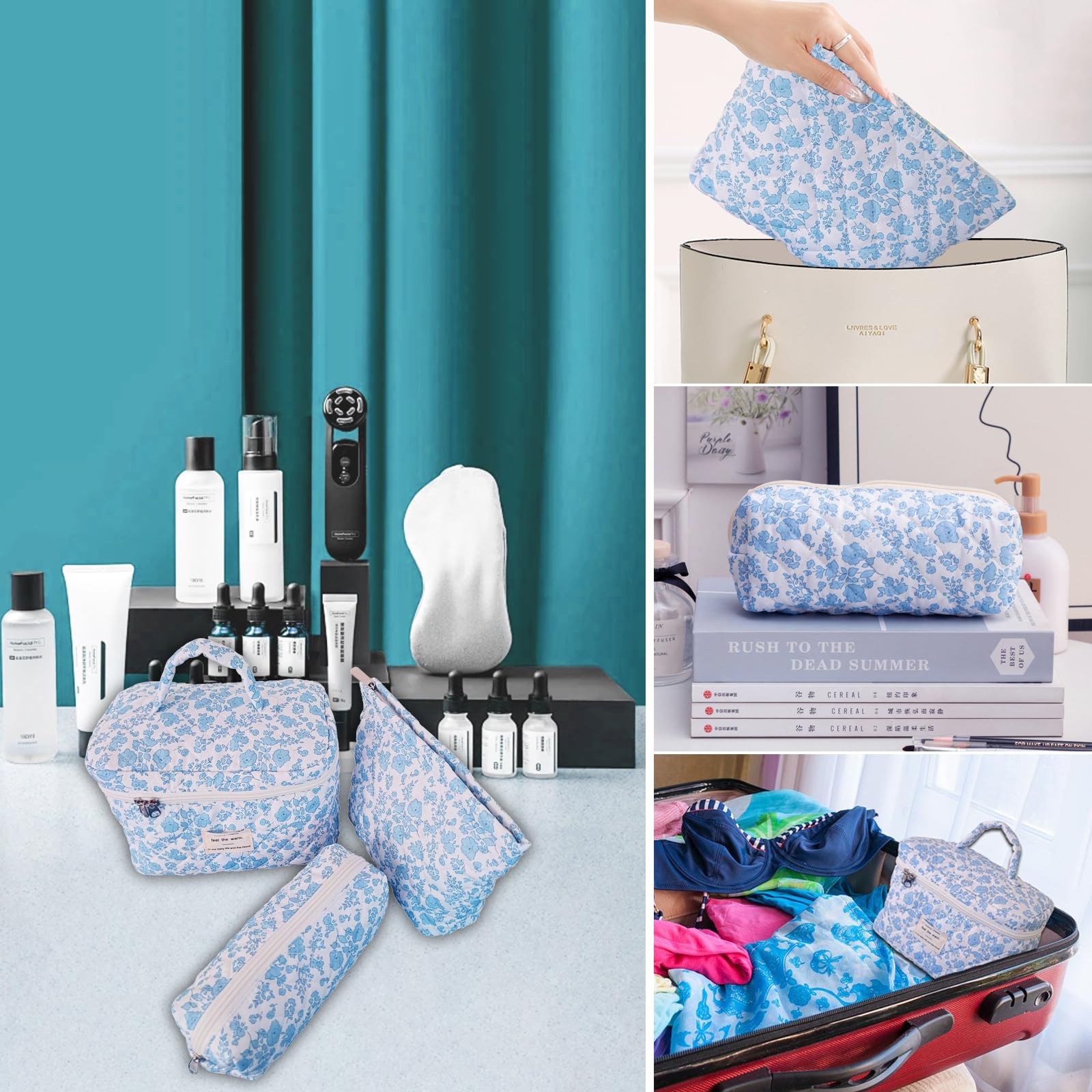 Quilted Makeup Bag Set for Women - 3Pcs Travel Cosmetic Organizer with Skincare Pouch, Floral Design Large Makeup Case for Girls (Blue) | Perfect for Travel, Gym & Daily Beauty Essentials Storage