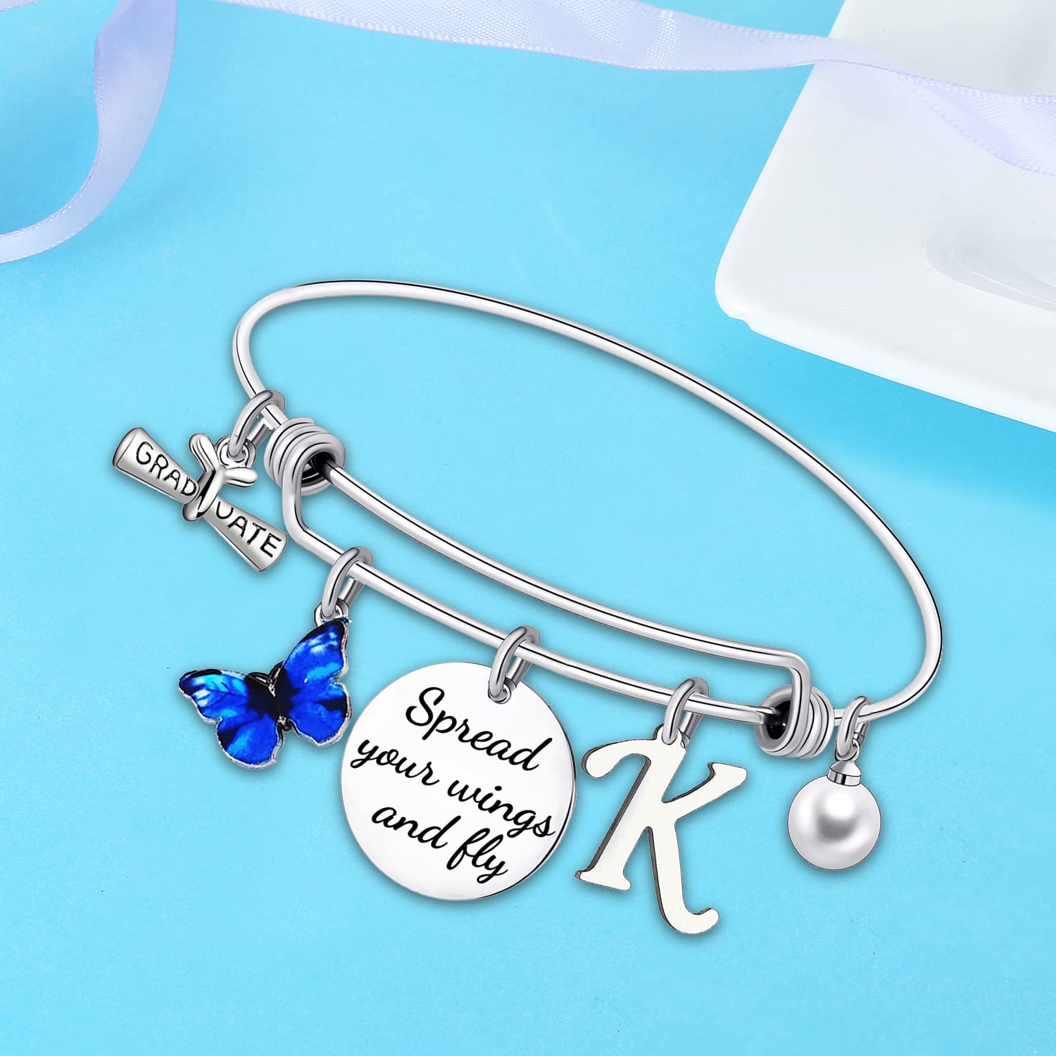 2022 Graduation Gifts for Women - Personalized Initial Butterfly Charm Bracelet for High School & College Graduates - Elegant Bangle Jewelry for Friends - Perfect Congratulation Present for Ceremony, Party & Special Occasions