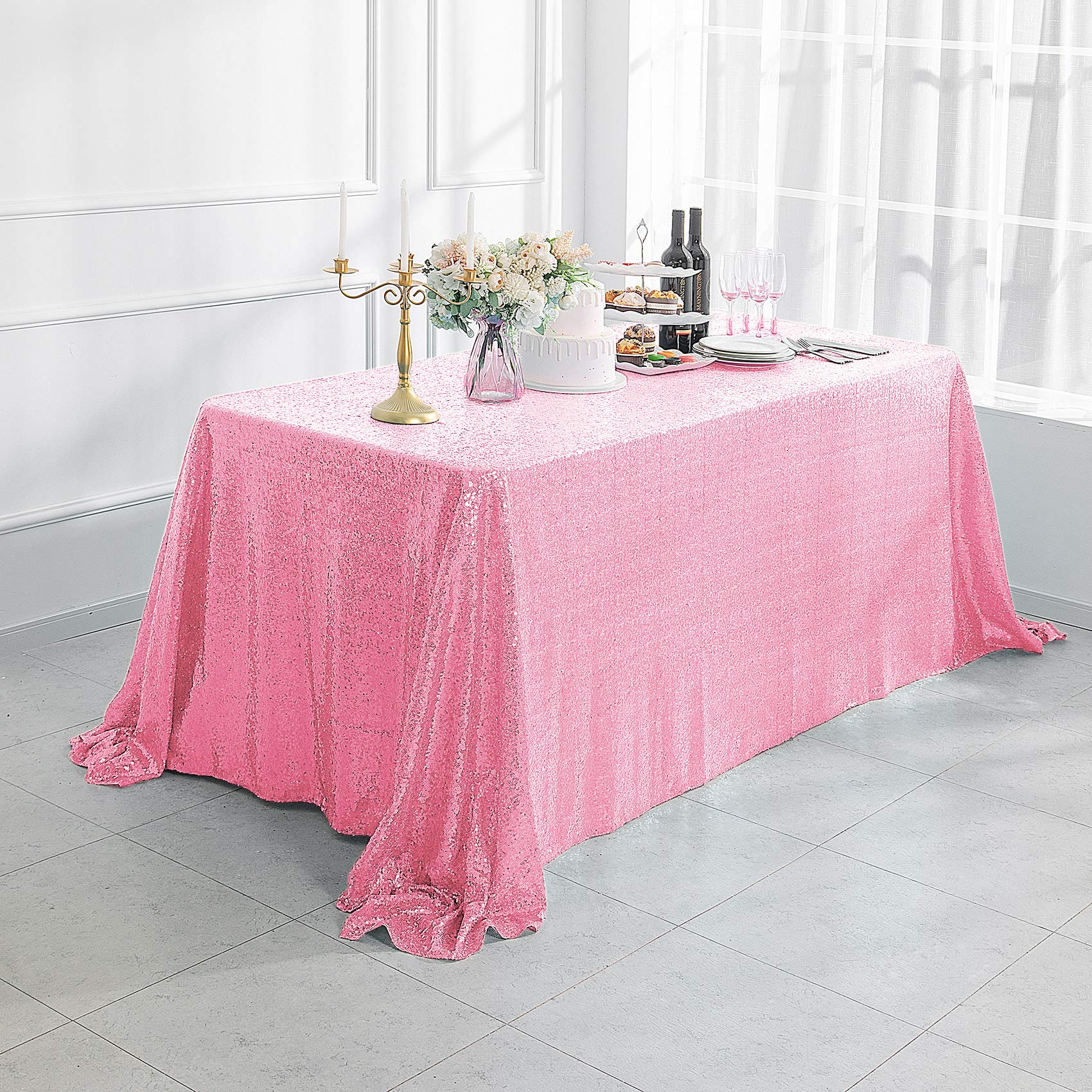 Pufogu 90x132 Inch Pink Sequin Tablecloth - Glitter Rectangular Table Cover for Birthday, Wedding, Bridal & Baby Shower Party Decor | Perfect for Holiday Celebrations, Banquet Tables & Special Events