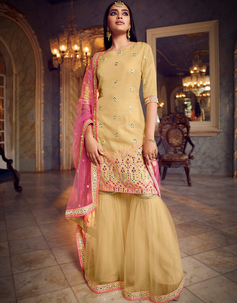 Elegant Beige Organza Sharara Suit for Women - Perfect for Weddings, Parties & Festive Occasions