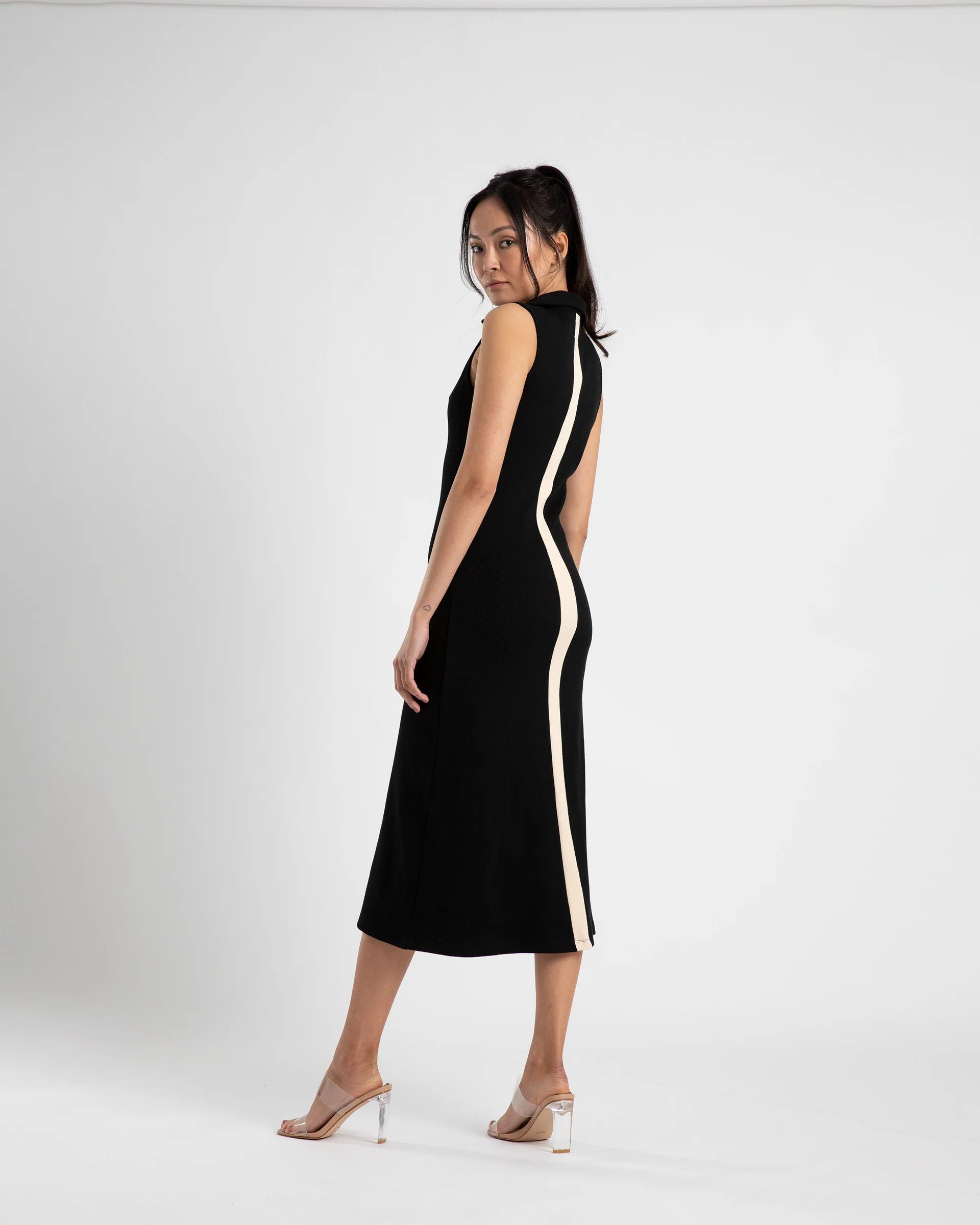 Stylish Collared V-Neck Striped Dress in Black & Cream - Perfect for Office Wear, Casual Outings & Special Occasions