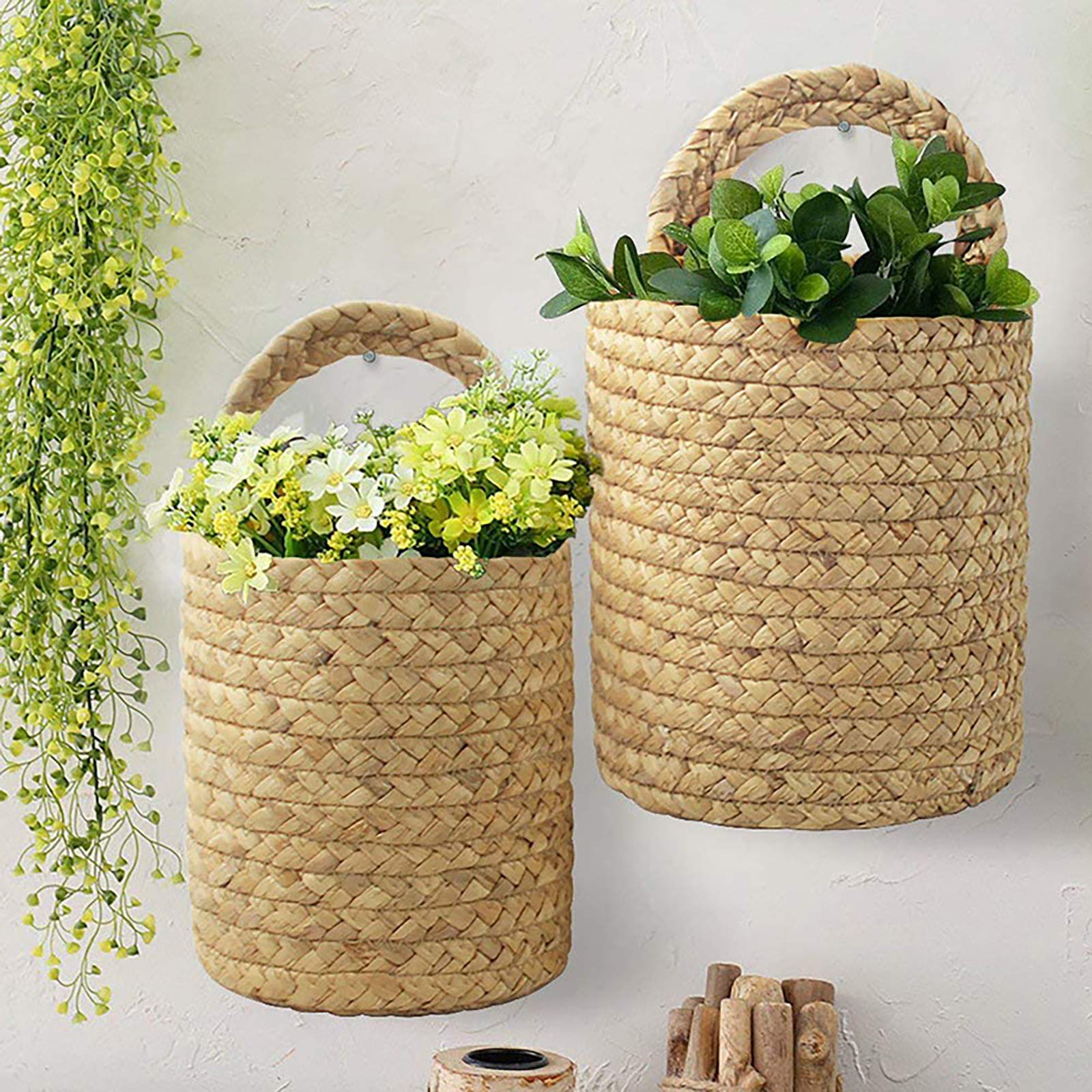 2-Pack Natural Seagrass Hanging Planter Baskets - Woven Wall Storage Baskets with Handles for Plants, Flowers & Home Decor (5.4 x 6.9 Inch) - Perfect for Boho Wall Decor, Bathroom Storage & Nursery Organization