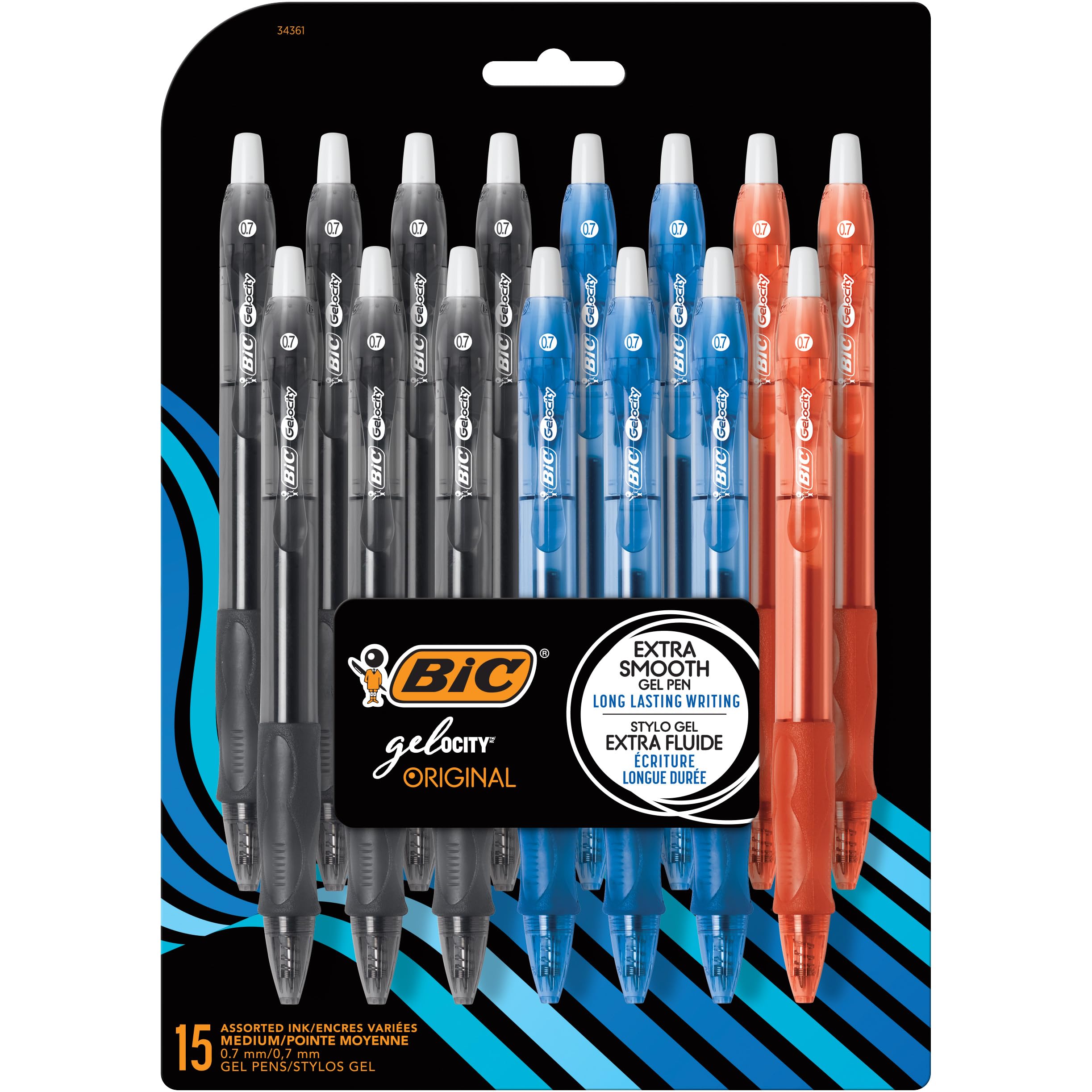 BIC Gelocity Original Assorted Colors Gel Pens - Medium Point 0.7mm Retractable Gel Pen Set of 15 with Comfortable Grip - Perfect for School, Office, Note Taking, Journaling & Art Projects