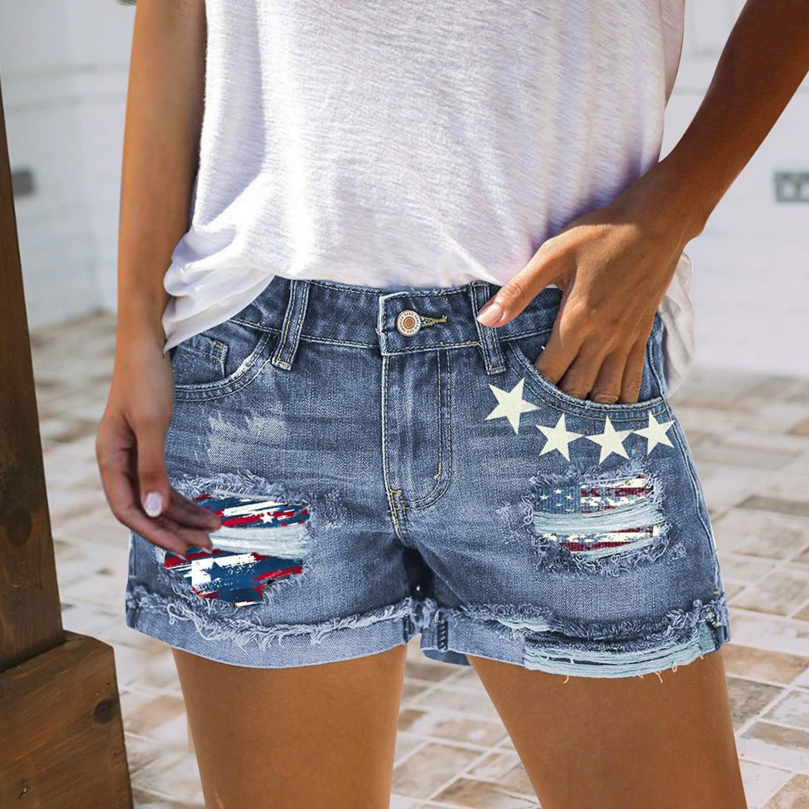 4th of July Women's American Flag Printed Denim Shorts - High Waisted Patriotic Summer Shorts for BBQ, Beach & Independence Day Celebrations