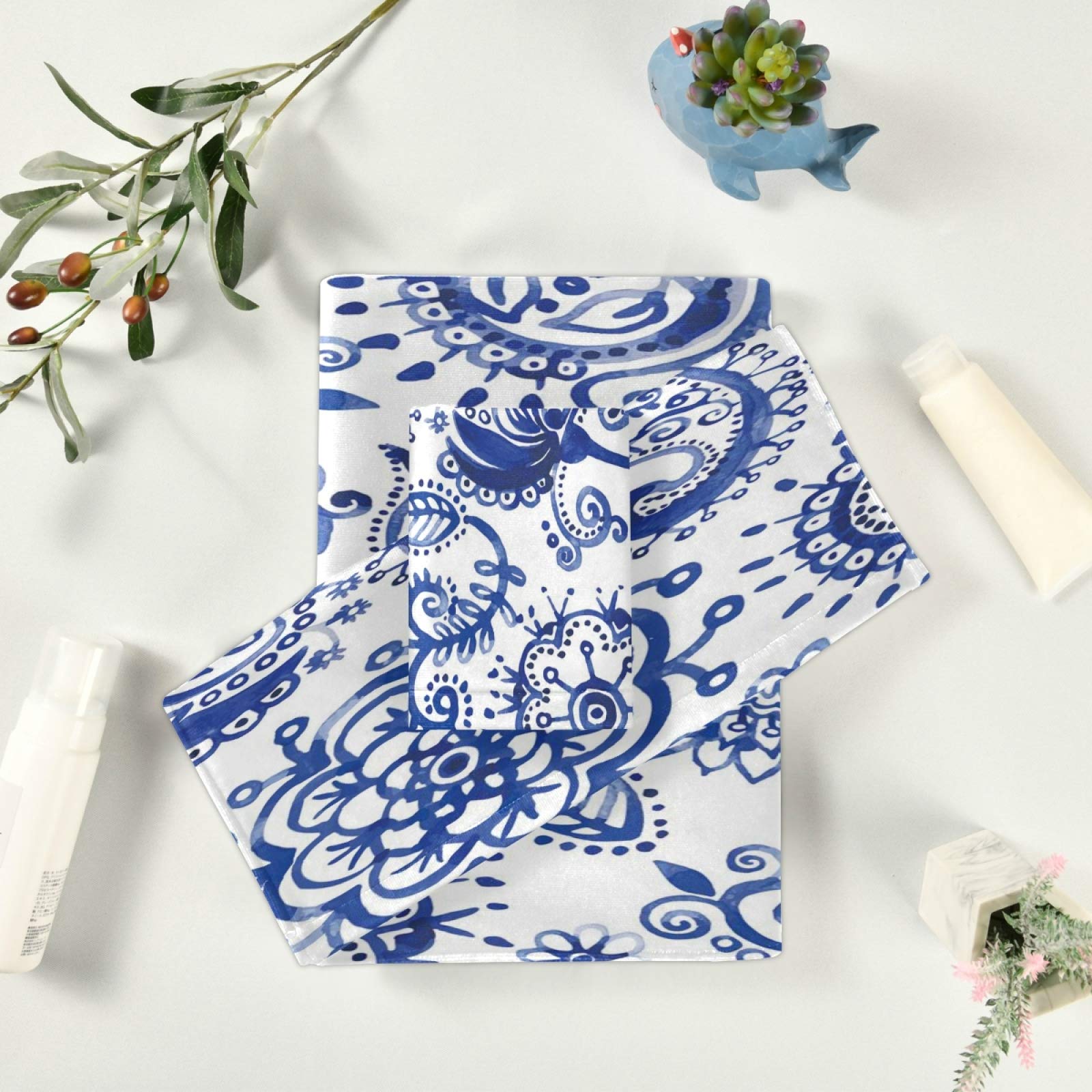 ALAZA 3-Piece Blue Paisley Bath Towel Set - Soft & Absorbent Hand Towel, Washcloth & Face Towel for Bathroom, Kitchen & Guest Use - Perfect Housewarming Gift & Home Decor Accessories