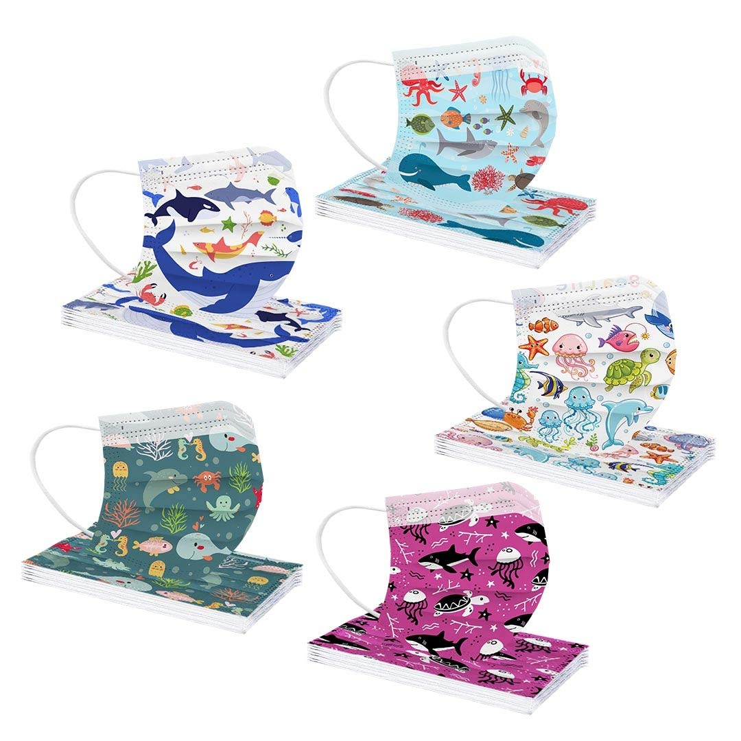 50Pcs Kids Disposable Face Masks - Cute Dolphin Design 3-Ply Children's Face Covering with Nose Wire & Elastic Earloop, Assorted Colors for Boys & Girls - Perfect for School, Christmas, Travel and Daily Protection