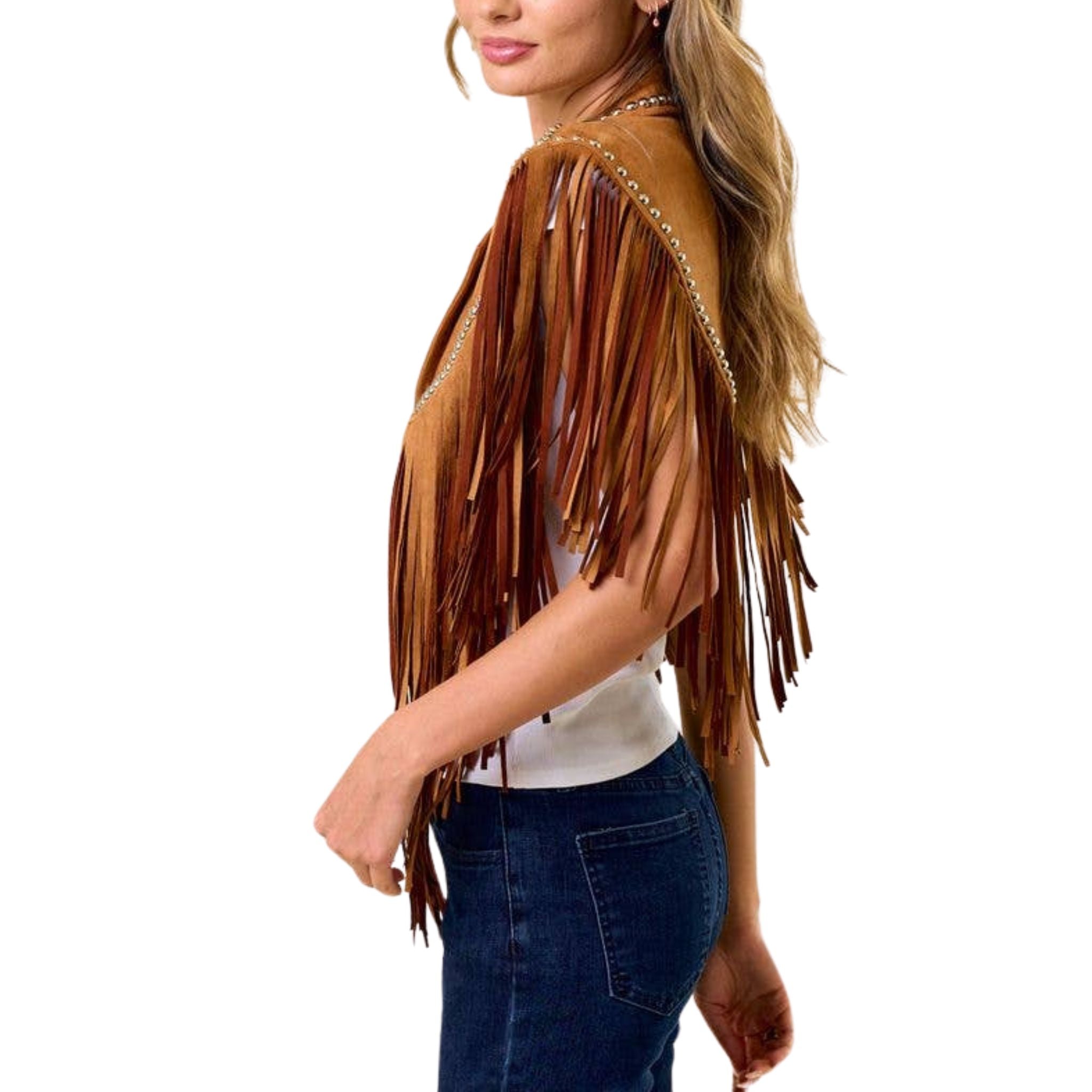 Camel Studded Fringe Shrug - Boho Chic Leather Jacket for Women | Perfect for Music Festivals & Night Out