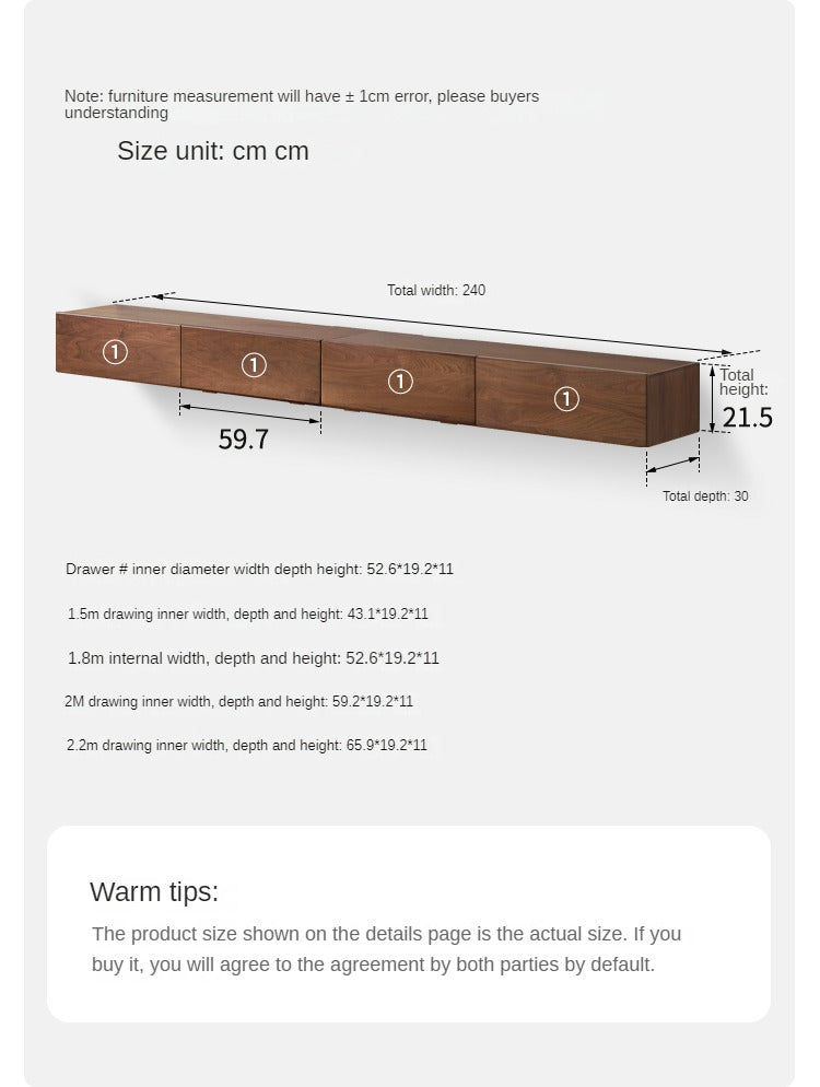 Black Walnut Solid Wood Floating TV Stand - Wall Mounted Entertainment Center for Living Room, Bedroom & Home Theater