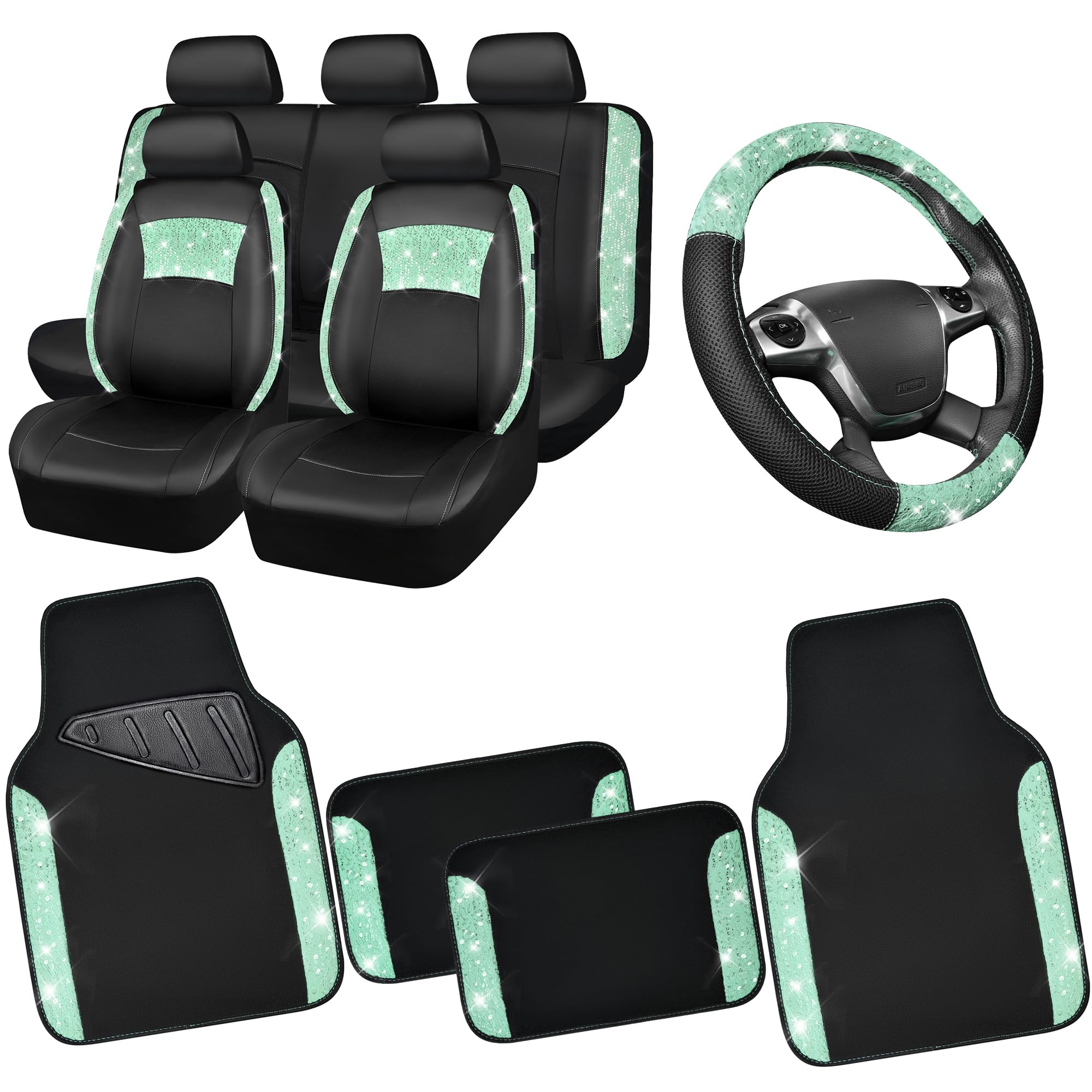 Universal Mint Leather Lace Car Seat Covers Full Set with Waterproof Floor Mats & Glitter Steering Wheel Cover - 10PC Car Interior Accessories for Women | Perfect for Daily Commute, Road Trips & Car Decor