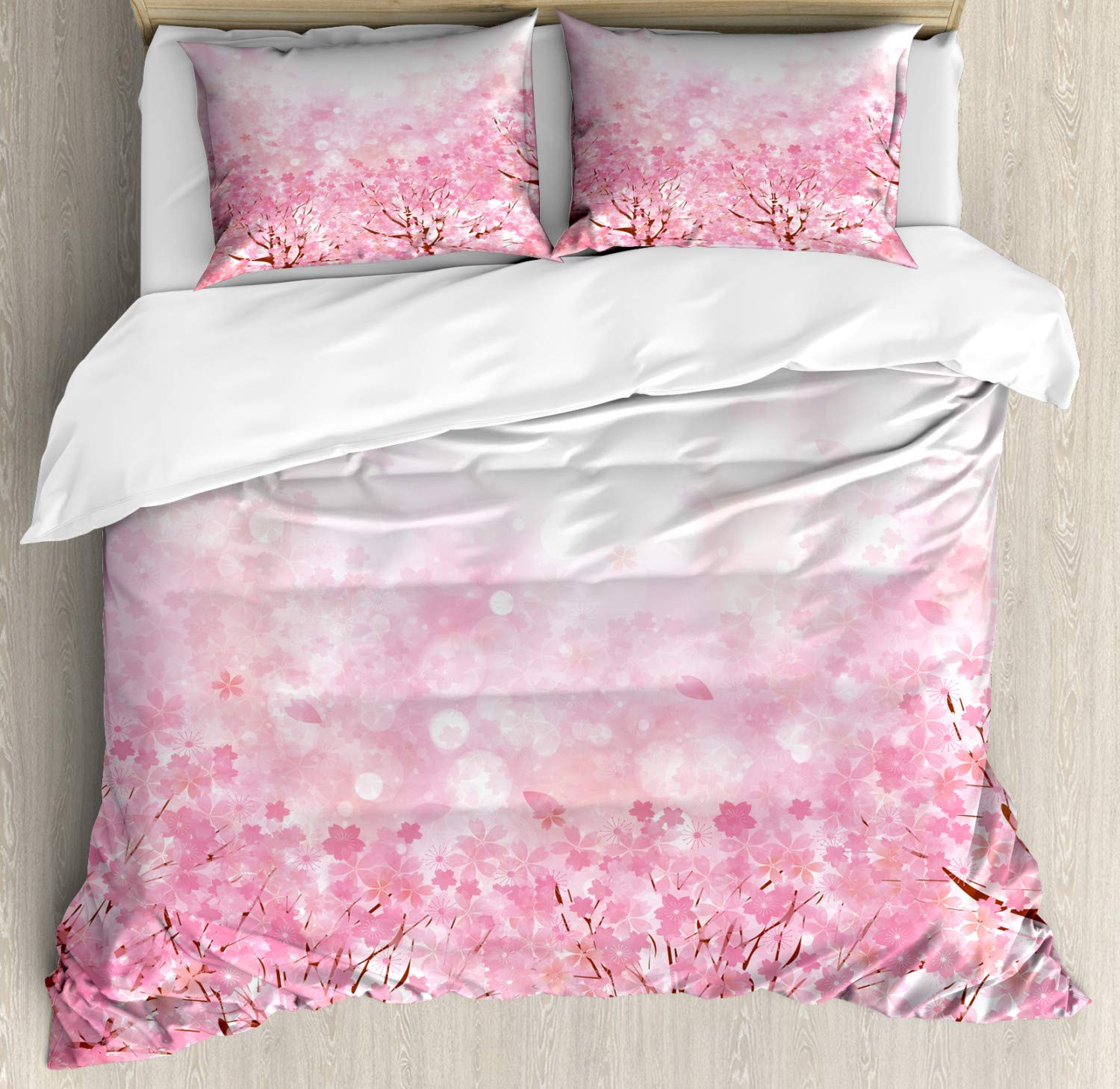 Ambesonne Rose Duvet Cover Set - King Size 2-Pack with 2 Duvet Covers & 4 Pillowcases, Japanese Cherry Blossom Sakura Tree Floral Design, Romantic Nature Themed Bedding for Master Bedroom, Guest Room or Dorm Decor