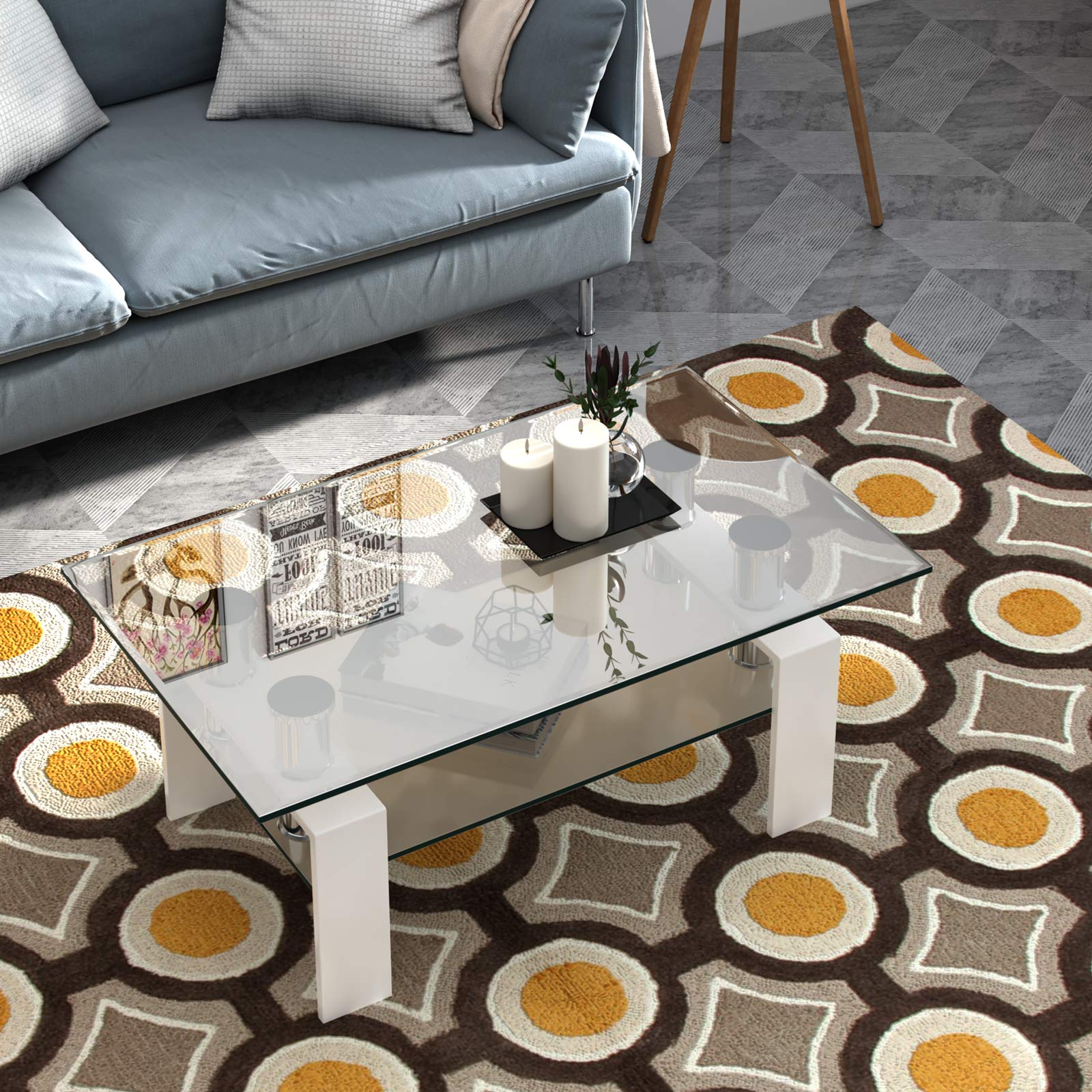 Tangkula Modern Rectangular Glass Coffee Table with Lower Shelf - Tempered Glass Top & Sturdy Metal Legs - Perfect for Living Room, Office, or Lounge (White)