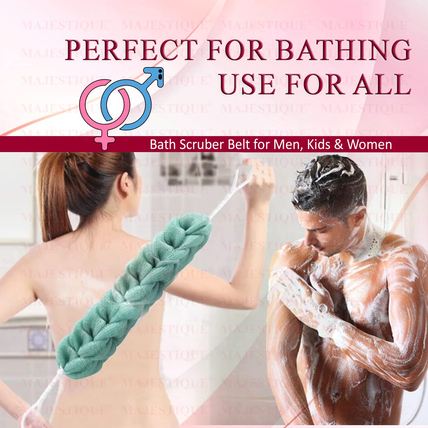 Majestique Exfoliating Loofah Belt for Shower & Bath - Stretchable Braided Mesh Back Scrubber, Soft Body Wash Sponge for Women & Men - Perfect for Deep Cleansing & Skin Exfoliation - Pack of 3 Multicolor