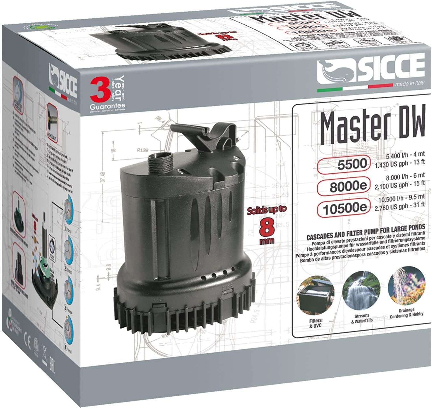 SICCE Master DW Pump 5500 - 1430 GPH Submersible Water Filter Pump, Corrosion-Resistant for Aquariums, Ponds, and Water Features