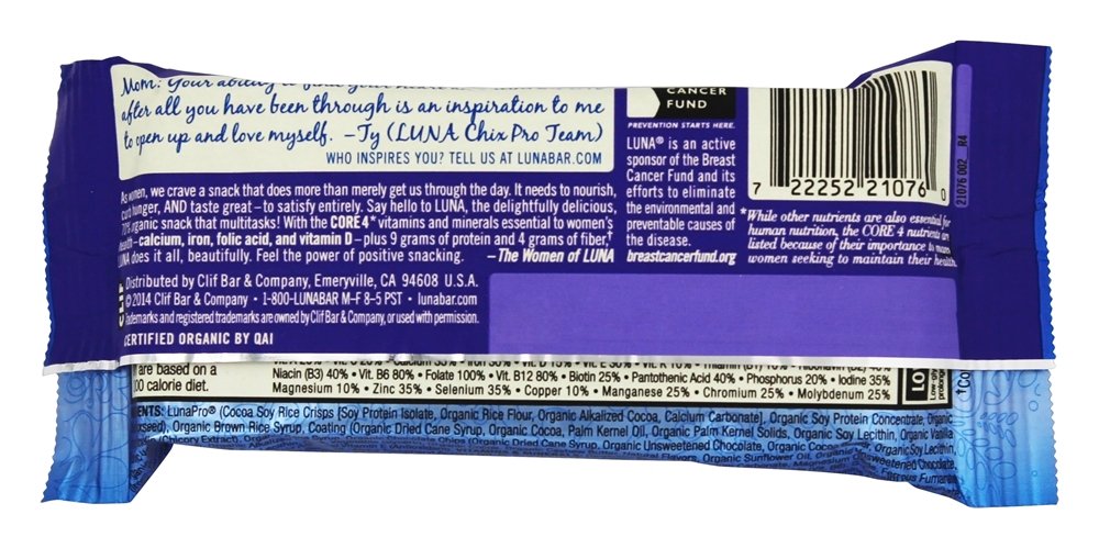 LUNA BAR Gluten Free Protein Snack Bars - Chocolate Cupcake Flavor, 8g Plant-Based Protein, Non-GMO, Vegan - Healthy On-the-Go Snacks for Workouts, Hiking & Travel (1.69oz, 30 Count Pack)