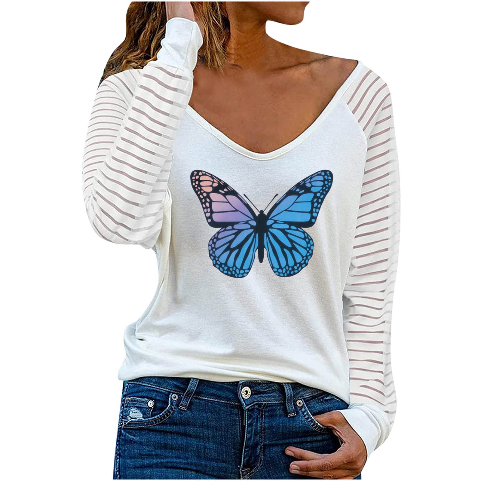 Women's Casual Long Sleeve Butterfly Print V-Neck Loose Blouse - Fall Fashion Basic Tee for Everyday Wear, Work & Weekend Outings