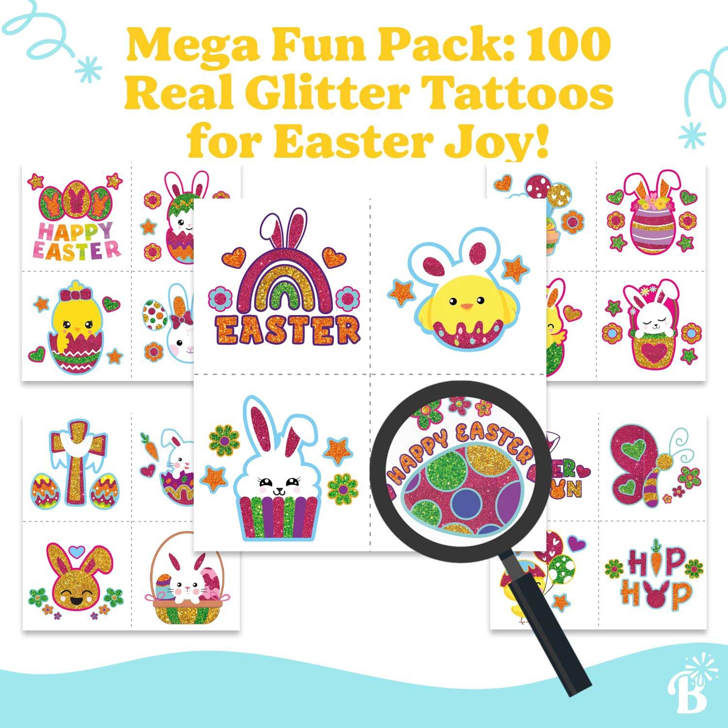 100pcs Glitter Temporary Tattoos for Kids - Easter Basket Stuffers, Party Favors, Goodie Bag Fillers | Non-Candy Easter Egg Trinkets, Face Gems for Classroom Activities, Birthday Parties & Holiday Celebrations (Girls & Boys)