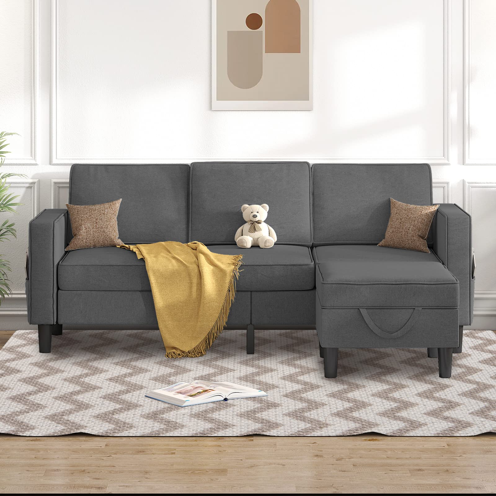 Modern Linen L-Shaped Sectional Sofa with Storage Ottoman - Convertible Living Room Couch for Small Spaces, Apartments & Homes - Dark Grey | Perfect for Cozy Movie Nights & Compact Living Areas