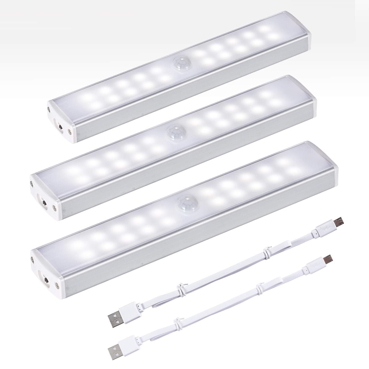 HURYEE LED Closet Light - Rechargeable Motion Sensor Under Cabinet Lighting, Wireless Stick-On Night Light Bar for Stairs, Wardrobe, Kitchen, Hallway - Natural White (3 Pack) | Perfect for Bedrooms, Bathrooms, Closets & Dark Spaces