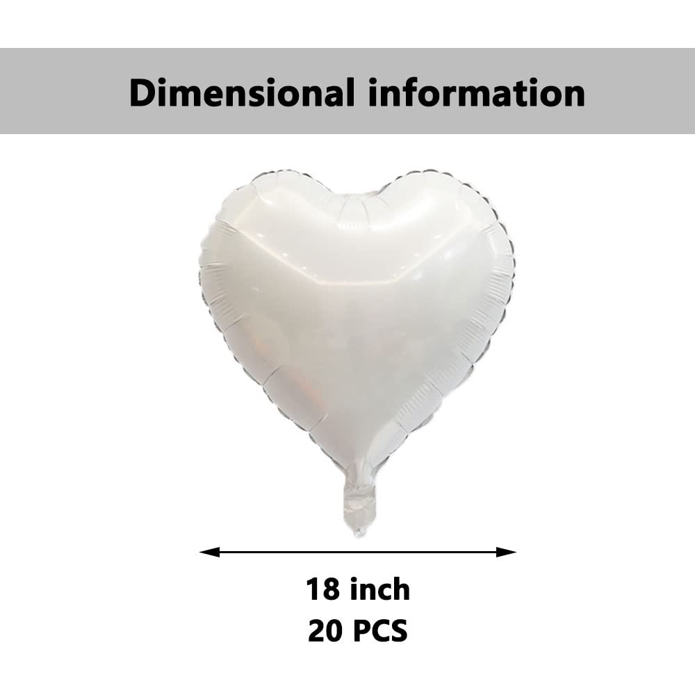 20 Pack 18 Inch White Heart Foil Balloons - Mylar Helium Balloons for Wedding, Birthday, Anniversary Party Decorations | Romantic Backdrop, Photo Booth Props, Baby Shower Decor