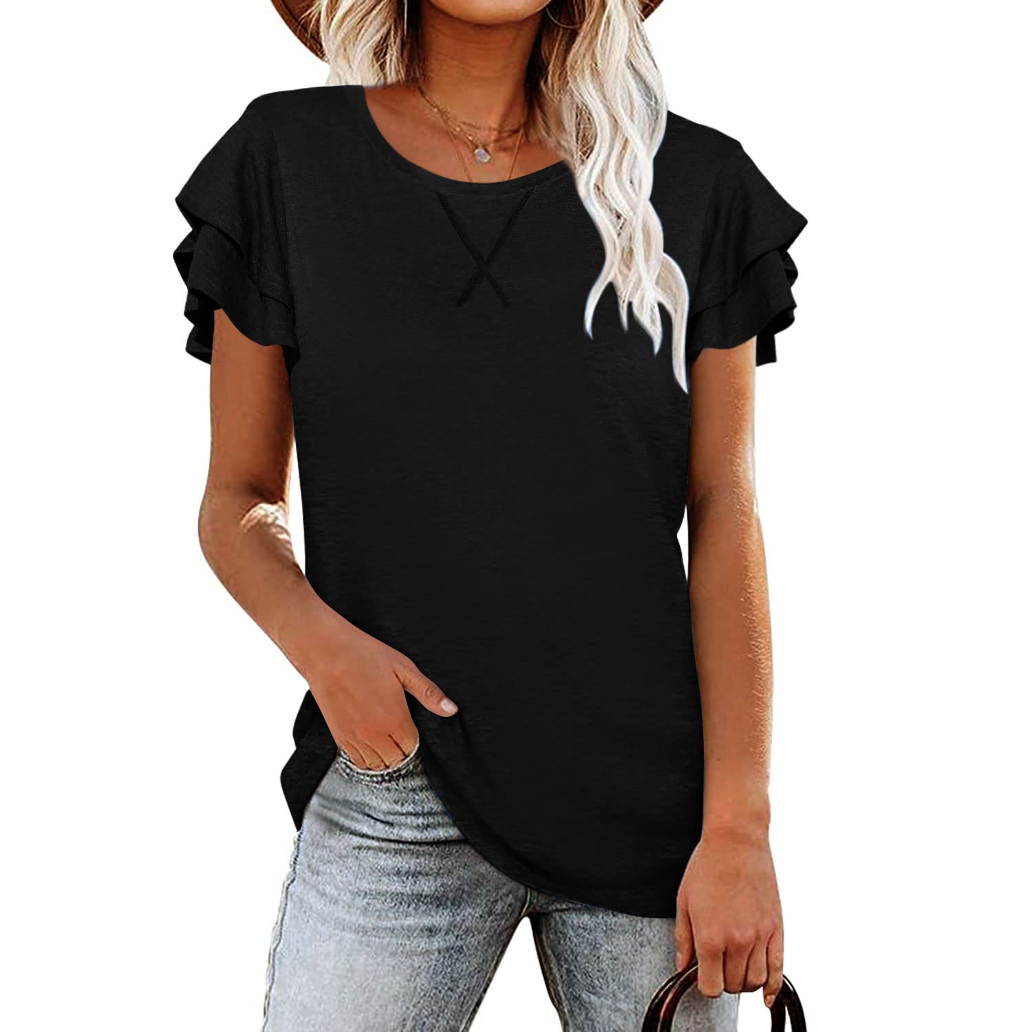 BESFLY Women's Summer V-Neck T-Shirt - Casual Long Sleeve Blouse with Puff Sleeves - Elegant Tunic Top for Work, Date Night & Everyday Wear