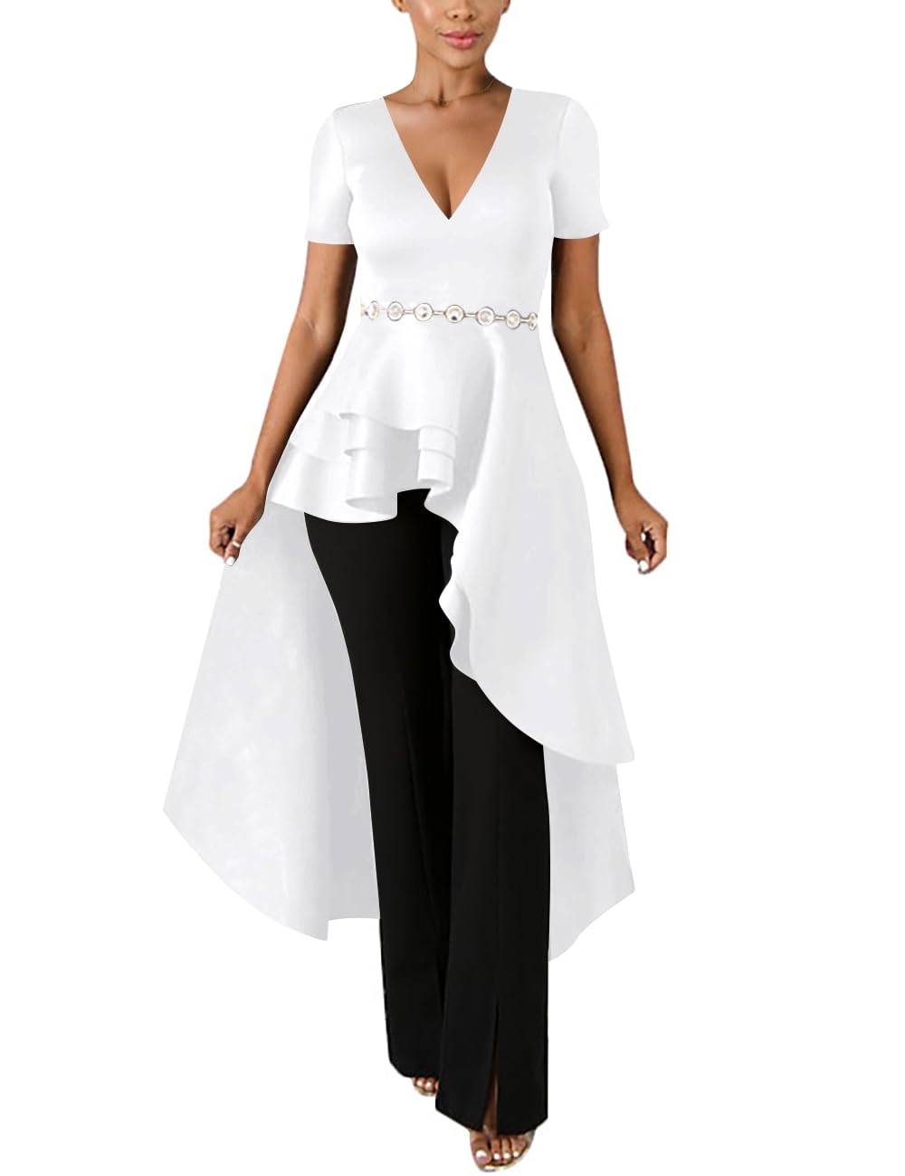 Lrady Women's V Neck Short Sleeve High Low Cocktail Party Dress - Peplum Tunic Top Shirt Dress for Night Out, Wedding Guest & Special Occasions