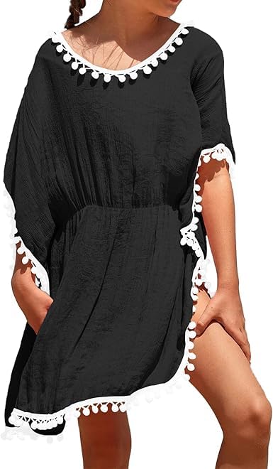 Eurivicy Girls' Swim Cover Up - Cute Kids Summer Beach Dress with Pom Pom Trim | Swimwear Wrap for Pool, Beach & Vacation Outfits