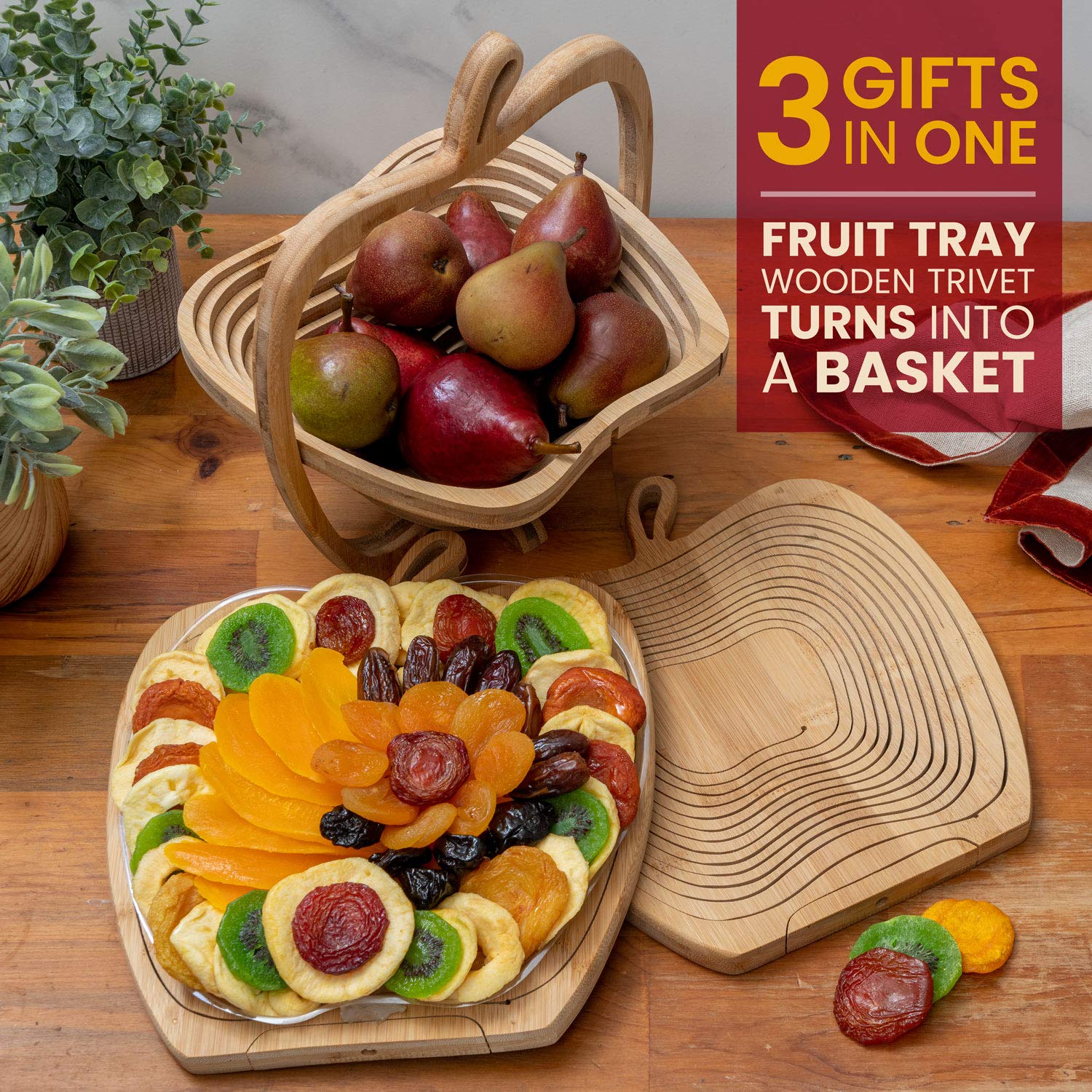Premium Dried Fruit Gift Set with Foldable Wooden Bowl - BONNIE AND POP - Healthy Snacks for Holidays, Housewarming & Office Gifts - Perfect for Parties, Home Decor & Gourmet Treats