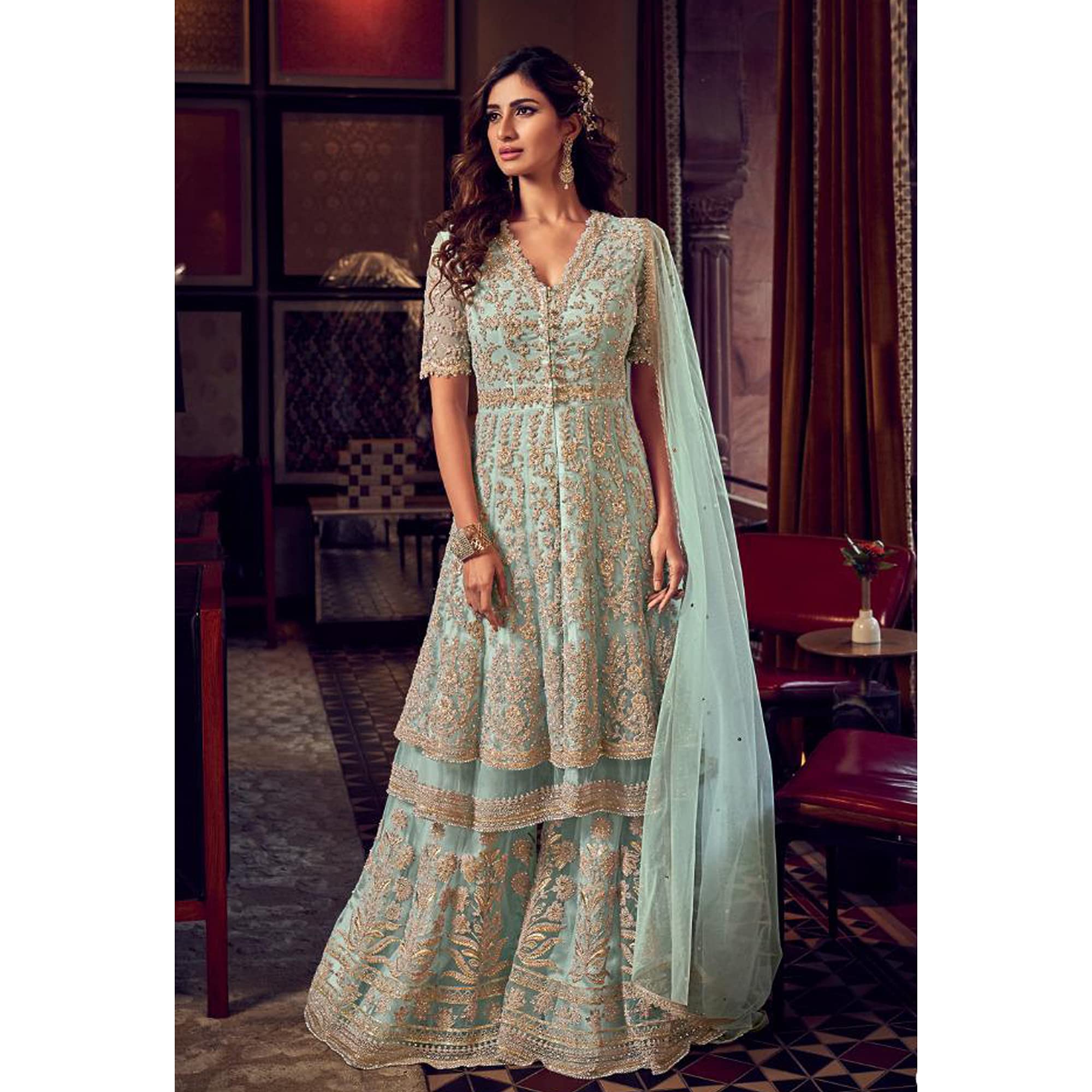 Exquisite Embroidered Anarkali Sharara Palazzo Suit - Ready to Wear Wedding & Party Outfit for Women | Perfect for Bridal Shower, Mehendi Ceremony & Festive Occasions