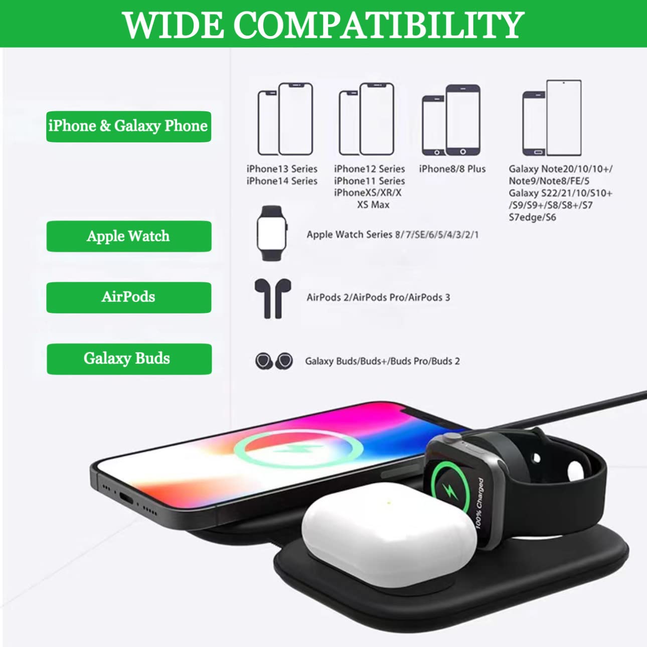 3-in-1 Wireless Charging Station for iPhone 16/15/14/13/12 Pro Max/Plus/XS/XR, Apple Watch & AirPods - Foldable Travel Charger with Fast Charging (Adapter Included) | Perfect for Home, Office & Travel Use