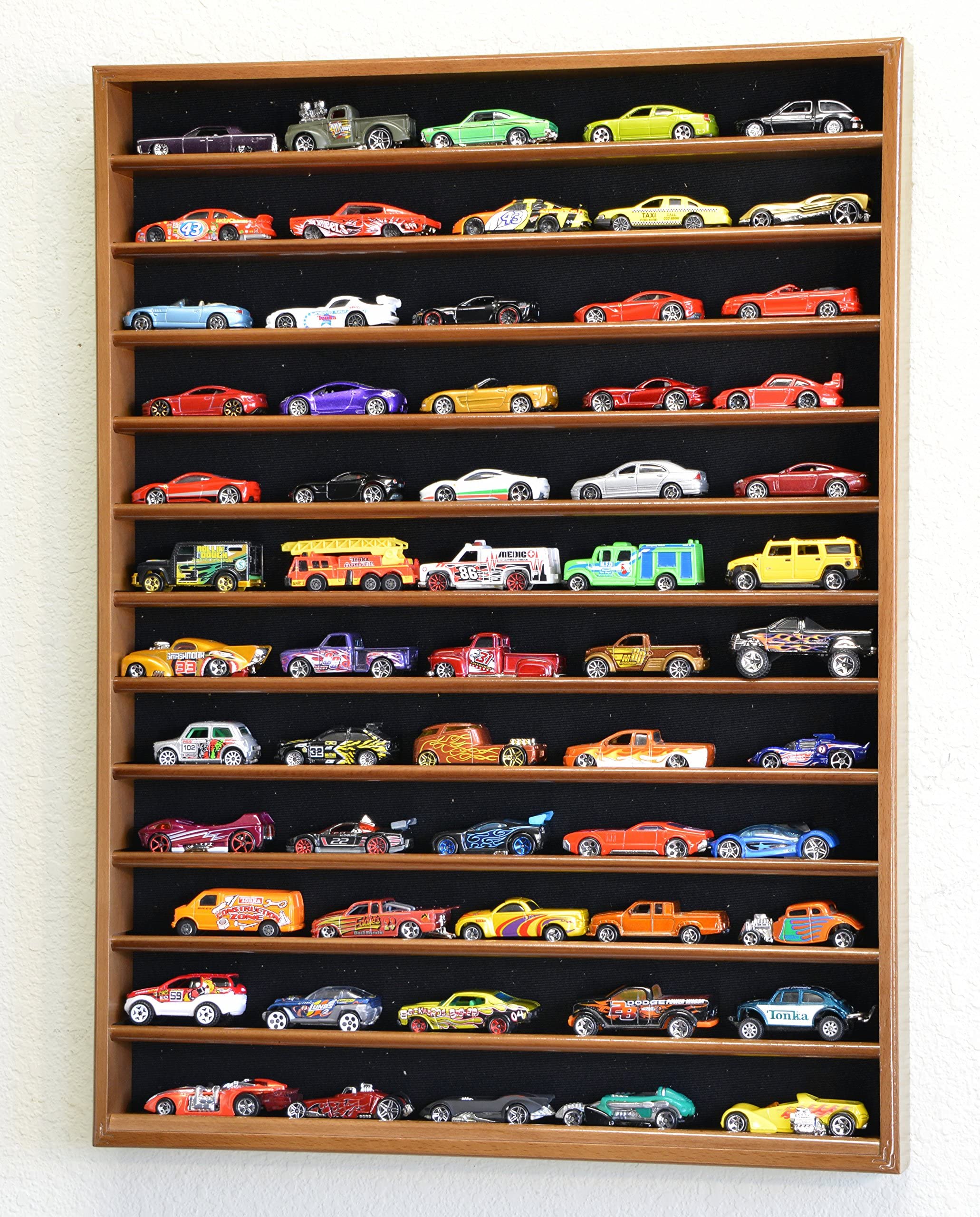 60-Piece Hot Wheels & Matchbox 1/64 Scale Diecast Car Display Case - Walnut Wood Finish for Collectors - Perfect for Showcase, Storage & Home Decor