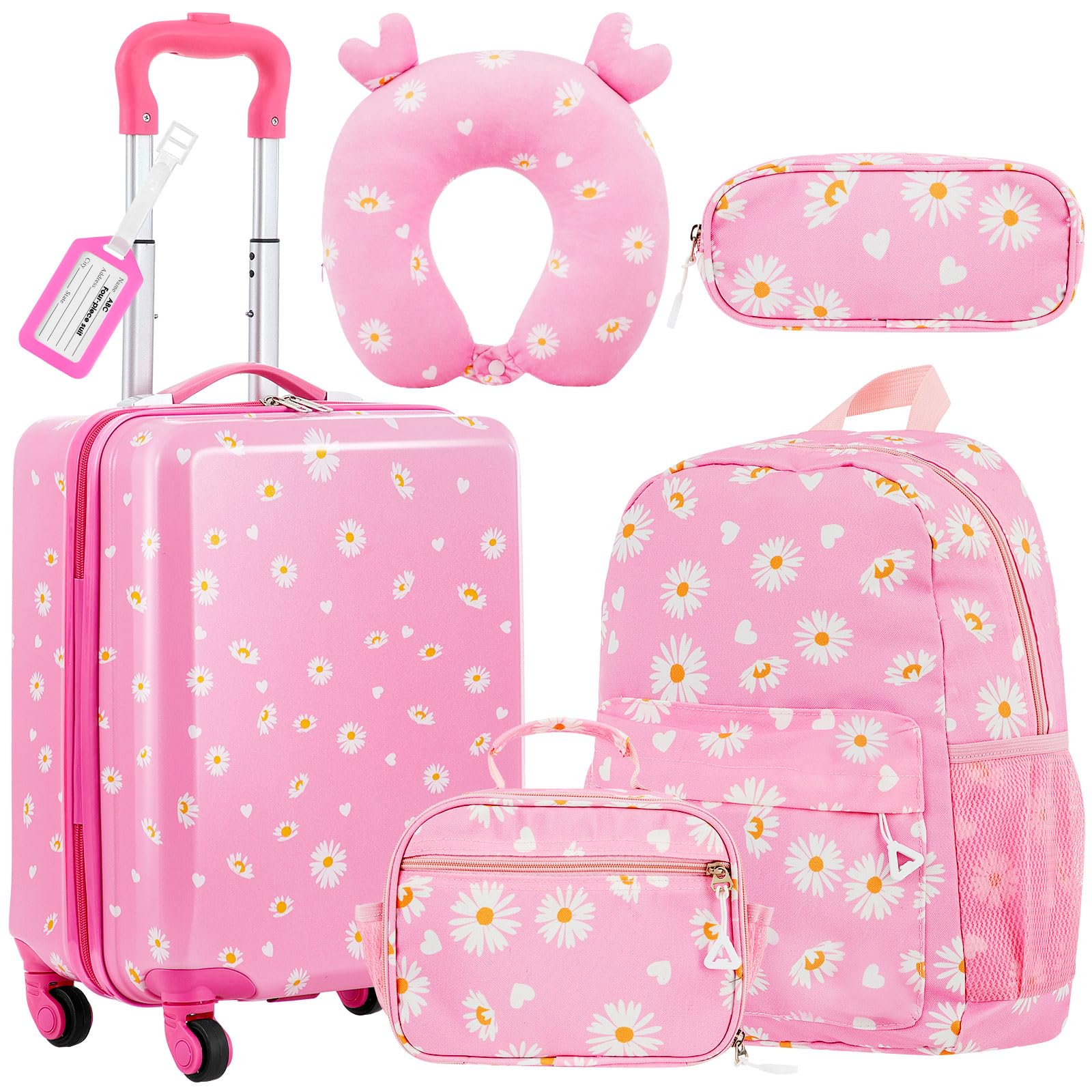 Redbaker 6-Piece Kids Luggage Set - 17 Inch Rolling Suitcase for Girls & Boys with Double Pattern Design (Pink Daisy Style) - Perfect for Travel, Birthday Gifts & School Trips