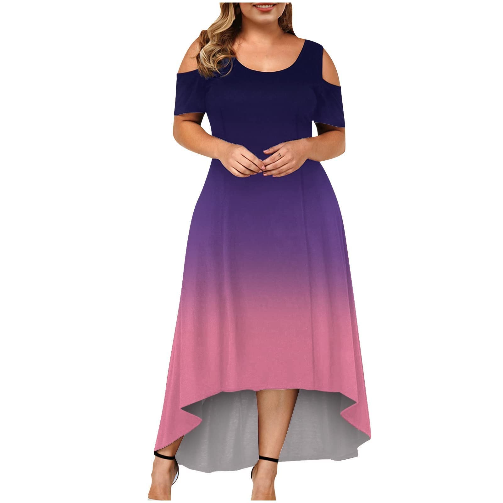 EOPUING Women's Plus Size Hi-Low Maxi Dress - Ombre Cold Shoulder Fit & Flare Cocktail Dress for Wedding Guest, Party, and Special Occasions