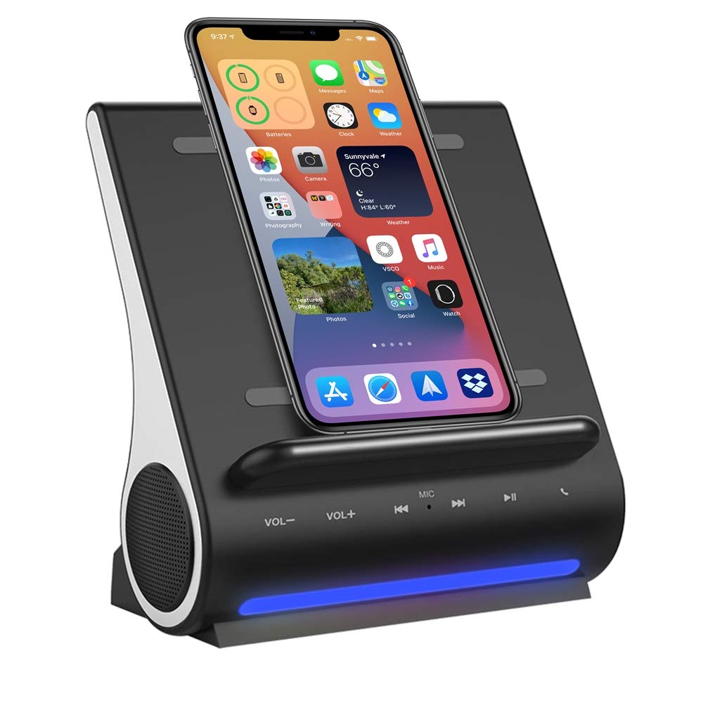 Fast Charging Wireless Charger & Bluetooth Speaker Combo - 4-in-1 Docking Station with Built-in Mic for Hands-Free Calls | Compatible with iPhone 16/15/14/13/12/11/X & Samsung Galaxy S24/S23/S22/S21/S20 | Perfect for Home Office, Nightstand & Car Use