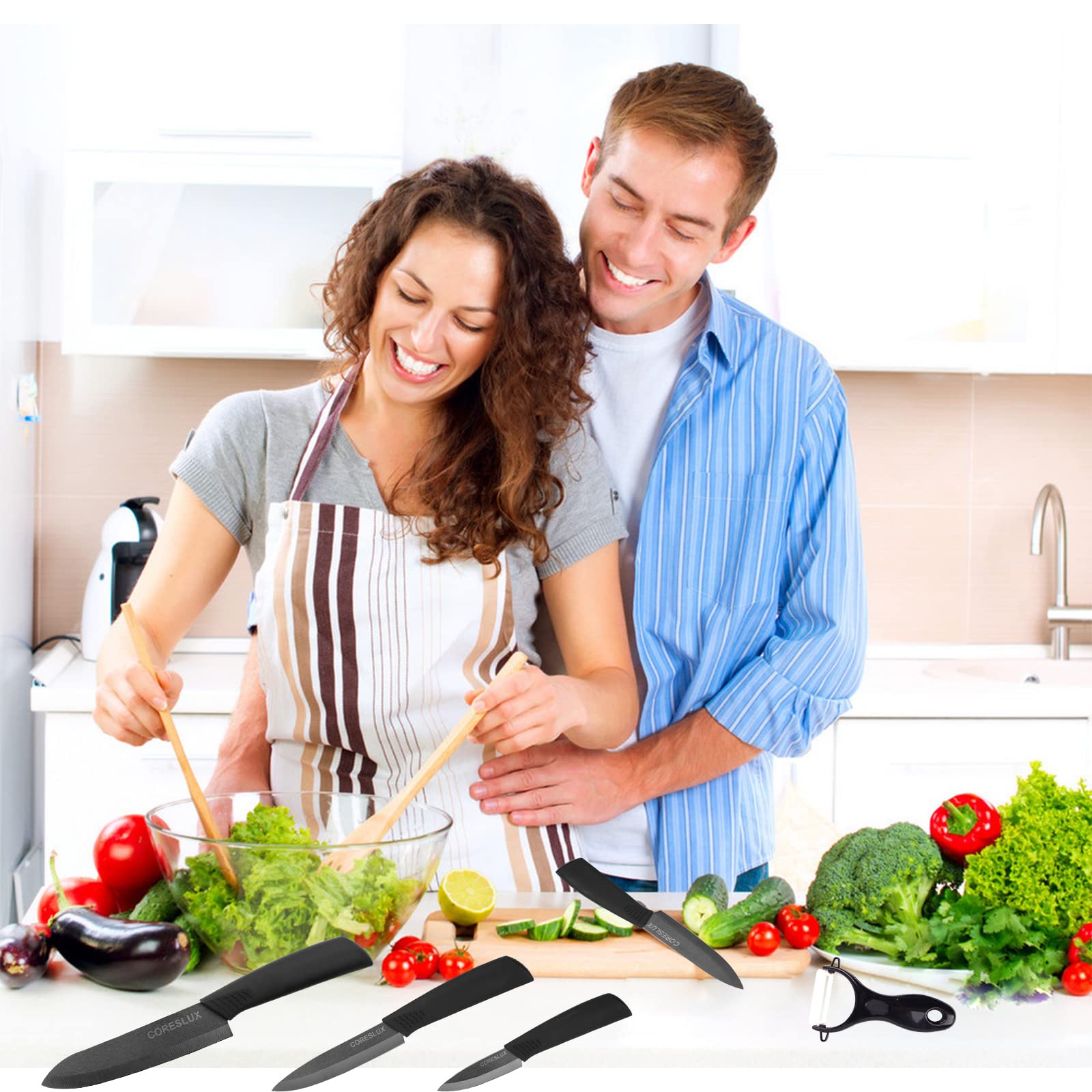Premium 6-Piece Ceramic Knife Set - CORESLUX Ultra Sharp Kitchen Knives with 6